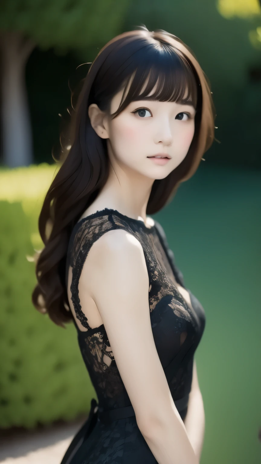 Portrait in numbers、Realistic depiction of the human body、RAW Photos、girl、Gentle grey eyes、Fuller lips、Tired look、Small breasts、Shortcuts、(((Elegant black lace line dress、A black line dress made of intricate and artistic lace、Very beautiful dress、Super Luxury Dresses)))、Highest quality、Super Resolution、masterpiece:1.5、Medium depth of field、50mmlens、Light、BackLight、Professional Photographer、
