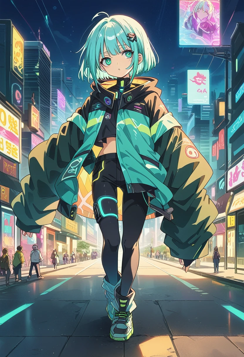 Set the background as a cyberpunk-themed cityscape at night. The boy stands amidst the vibrant chaos of a bustling city, with the following elements:
• Skyscrapers and urban scenery filled with neon lights and electronic billboards.
• Bright neon signs and colorful lights flooding the city.
• Shadows of people walking in alleys and sidewalks, adding to the urban hustle.
• Drones and hologram advertisements floating in the sky, enhancing the futuristic atmosphere.
The boy’s outfit is simple and includes:
• A plain shirt and pants.
• A moon motif accessory, symbolizing his identity as the god of night.
The colorful and lively background contrasts sharply with the monochrome depiction of the boy, making this contrast stand out. The boy’s appearance is as follows:
• He has a baby-faced, androgynous look.
• His build is slender, giving a delicate impression.
• His expression is one of enlightenment yet resignation, suggesting a profound understanding paired with a sense of giving up.
• The monochrome representation of the boy contrasts vividly with the colorful background, highlighting his presence.
Based on this prompt, you will create a striking illustration that captures the solitary god of night standing amidst the vibrant hustle of a cyberpunk city, creating a visually and emotionally impactful scene.カウボーイショット、コンセプトアート、レンズフレア