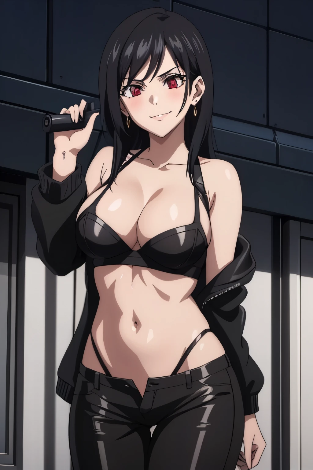 1girl, Vanica, solo, black hair, long hair, red eyes, standing, swept bangs, bangs, blush, lipstick, jewelry, earrings, tattoo, Hot girl, baddie, mean girl, sensual, attractive, outdoors, rooftop, cityscape, building, daylight , city lights, masterpiece, best quality, highly detailed, a girls with a gun, evil smile , sexy gaze, badass pose , evil smile, smile, (nsfw) not safe for work, guns blazing, anime girl with long hair, beautiful long haired girl, navel, evil expression, exposed belly, exposed navel, exposed midriff, exposed lower belly, long black pants, crop top, cleavage, unbuttoned leather pants ,open fly, low rise black leather pants, leather jacket, holding a gun, holding pistol