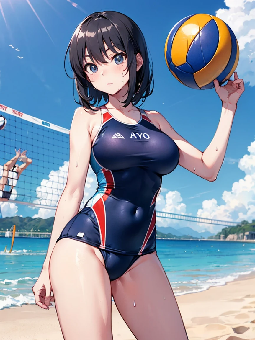 （Sweat, White skin:1.5、Aggressive Posture, ）, Camel toe, healthy, , ((Beach Volleyball Swimsuit)),Large Breasts, Solid body、healthy的身体、((Big eyes in anime)), Back，seaside
