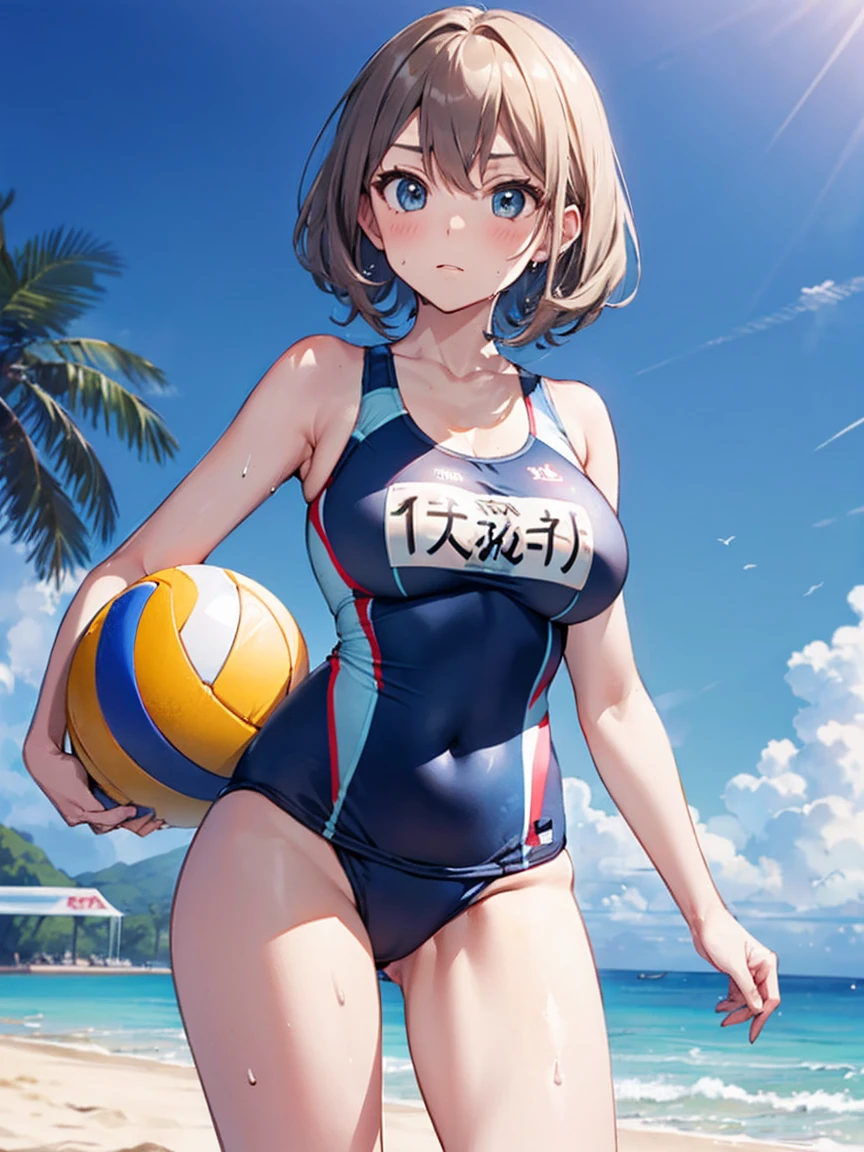 （Sweat, White skin:1.5、Aggressive Posture, ）, Camel toe, healthy, , ((Beach Volleyball Swimsuit)),Large Breasts, Solid body、healthy的身体、((Big eyes in anime)), Back，seaside
