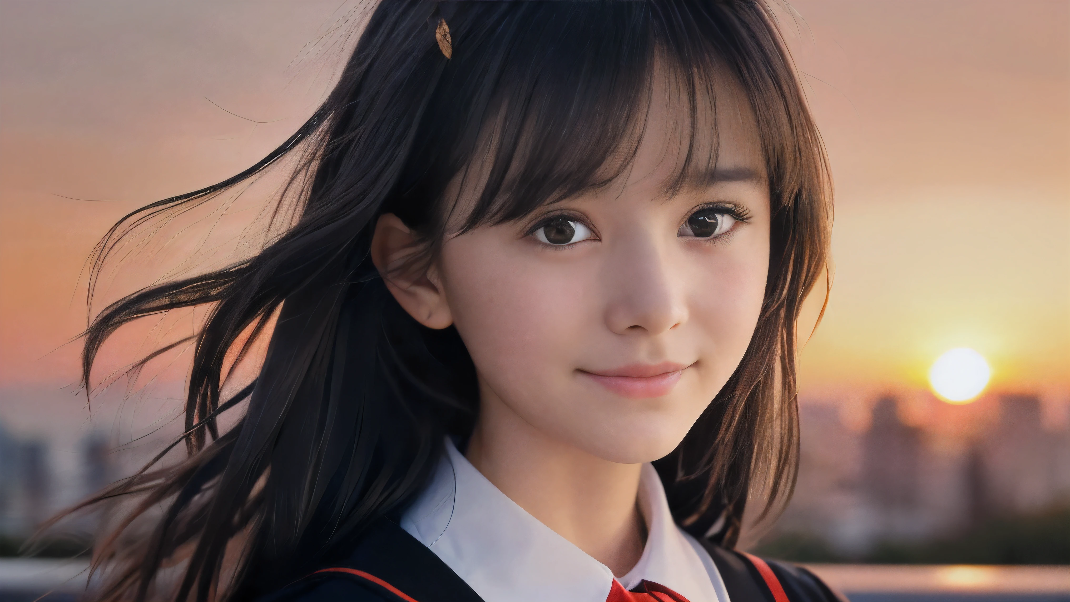 (Close up face shot of one slender small breasts two side up black medium hair bangs girl with crying little smile face in long sleeves black school uniform:1.5)、(One girl is facing at sunset red sky with her face is reflected sunset light and her hair is blowing in long sleeves black school uniform:1.5)、(Beautiful red sunset sky at skyscraper city landscape:1.5)、(8k ultra detailed master piece:1.5)、(perfect anatomy:1.5)、(Photorealistic stick:1.5)、(Raw photo:1.3)、(highest quality:1.5)、(High resolution:1.3)、(Delicate and beautiful perfect face:1.3)、(Delicate and beautiful eye air skin:1.3)、(Real Human Skin:1.3)、((thin legs))