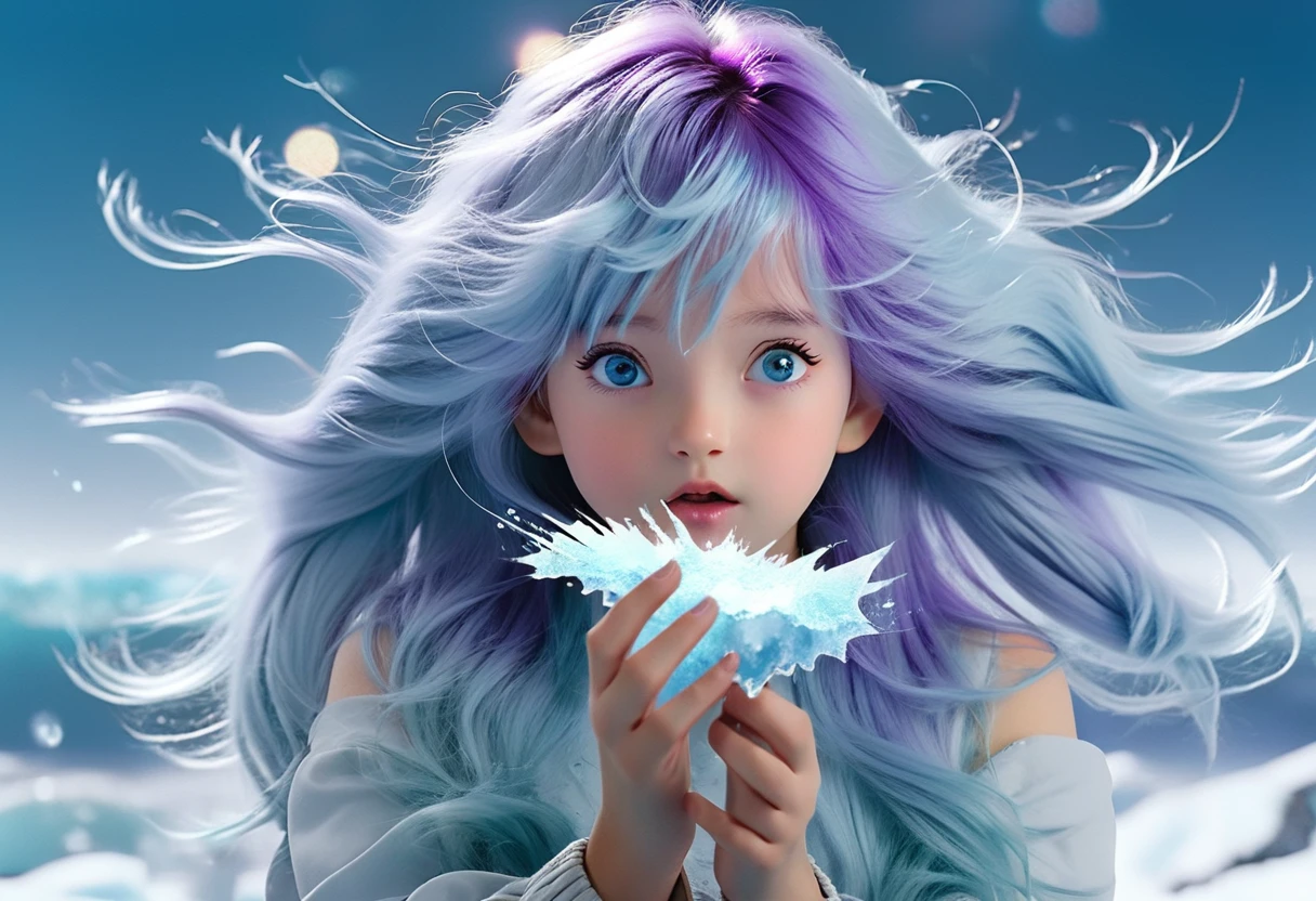 1girl, about 20 years old, long light blue hair, messy hair, hair bangs, hair blowing in the wind. Ice emerging from hear hand. imposing. Beautiful face. Delicate facial features. Purple eyes. Cosmic background.