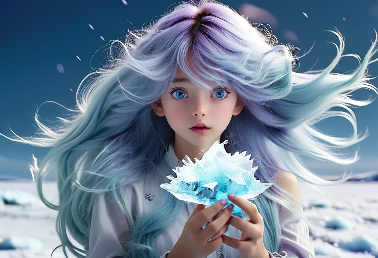 1girl, about 20 years old, long light blue hair, messy hair, hair bangs, hair blowing in the wind. Ice emerging from hear hand. imposing. Beautiful face. Delicate facial features. Purple eyes. Cosmic background.