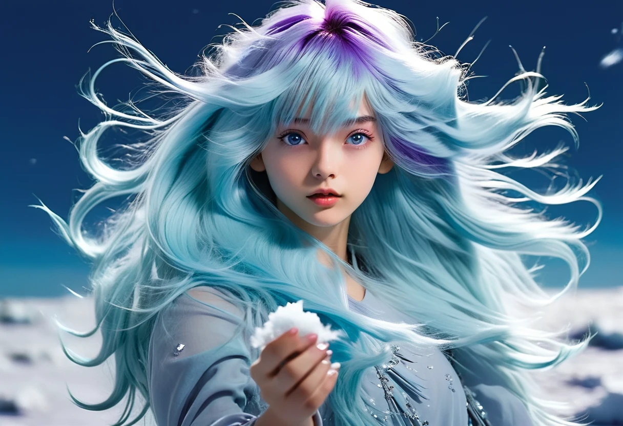 1girl, about 20 years old, long light blue hair, messy hair, hair bangs, hair blowing in the wind. Ice emerging from hear hand. imposing. Beautiful face. Delicate facial features. Purple eyes. Cosmic background.