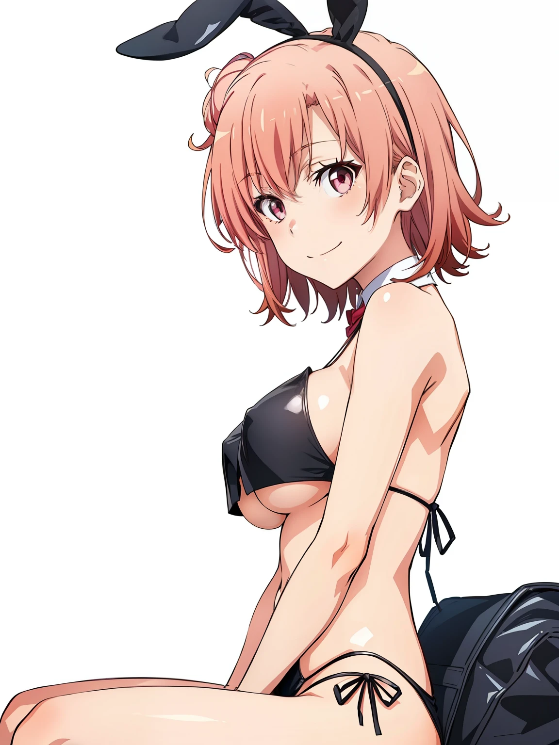 ((masutepiece, Best Quality, hight resolution, nffsw, Perfect Pixel, depth of fields, 4K, )), 1girl in, Solo, , Beautiful anime girl, Beautiful Art Style, close up, Looking at Viewer, Perfect body, side shot, Yuigahama Yui, Short hair, pink hair, pink eyes, hairbun, (large boob), side boob, sitting, black playboy bunny outfit, smile, hands on knees, blank white background
