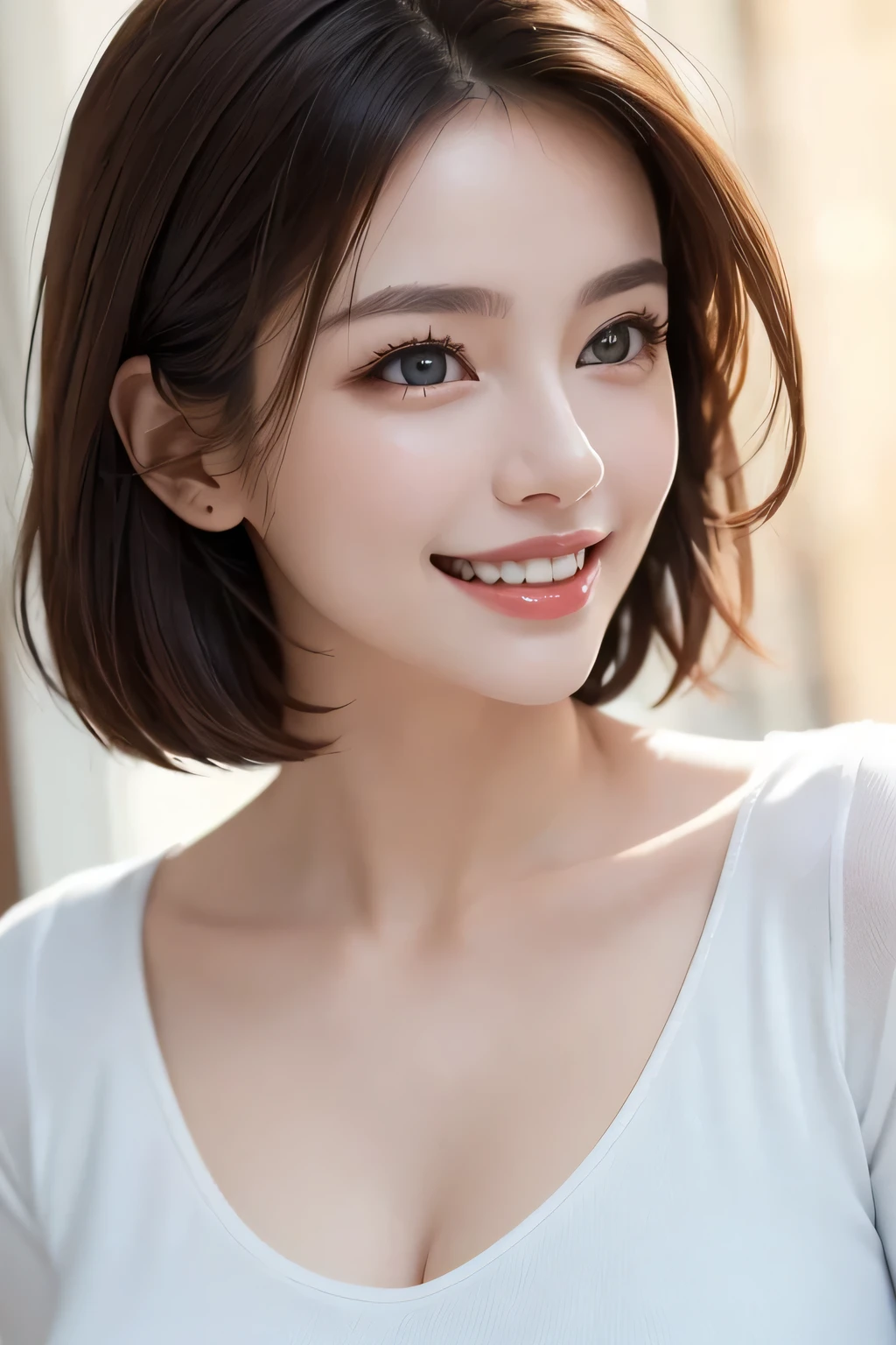 ((masterpiece)), ((Highest quality)), ((Complex)), ((Surreal)), (Realistic), (Mature Woman), ((There are no classes)), Very detailed, (1 female), Beautiful and exquisite, (Beautiful Teeth), Grin, Brunette bob hair, Brown eyes, ((blouse)), (Upper Body), (background:none), Perfect Eyes, Captivating eyes, Looking at the audience