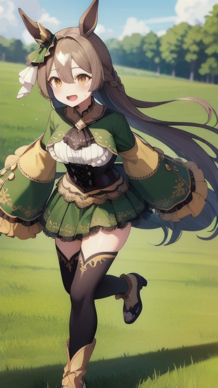 masterpiece, best quality, highres, aasato, long hair, half updo, braid, hair between eyes, animal ears, ear ornament, horse tail, breasts, frills, black ascot, green dress, (sleeves past wrists:1.2), black thighhighs, field, grass, (running:1.1), smile, open mouth, sweat, audience,