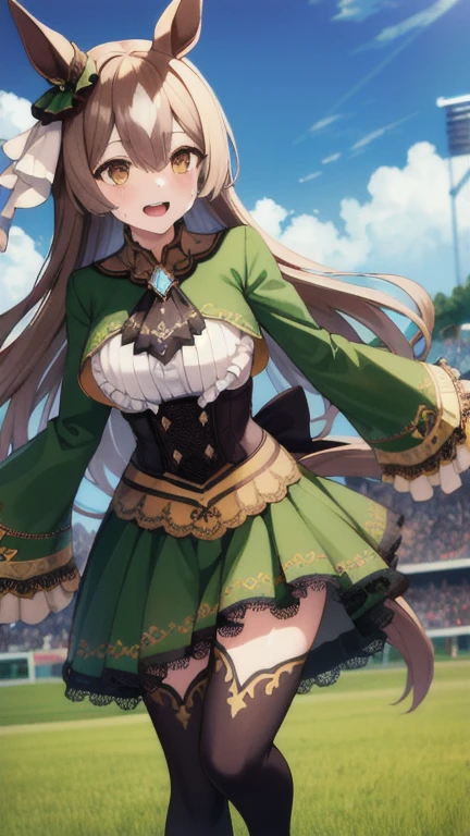 masterpiece, best quality, highres, aasato, long hair, half updo, braid, hair between eyes, animal ears, ear ornament, horse tail, breasts, frills, black ascot, green dress, (sleeves past wrists:1.2), black thighhighs, field, grass, (running:1.1), smile, open mouth, sweat, audience,