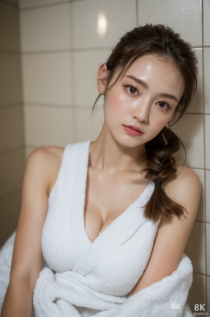 ((Highest quality, 8k, masterpiece :1.3)), One girl, Beautiful woman with slim abdominal muscles :1.3, (Random Hairstyles, Huge breasts :1.2), Wrapped in a bath towel :1.2,  Highly detailed face, Fine grain, double eyelid、Japanese women