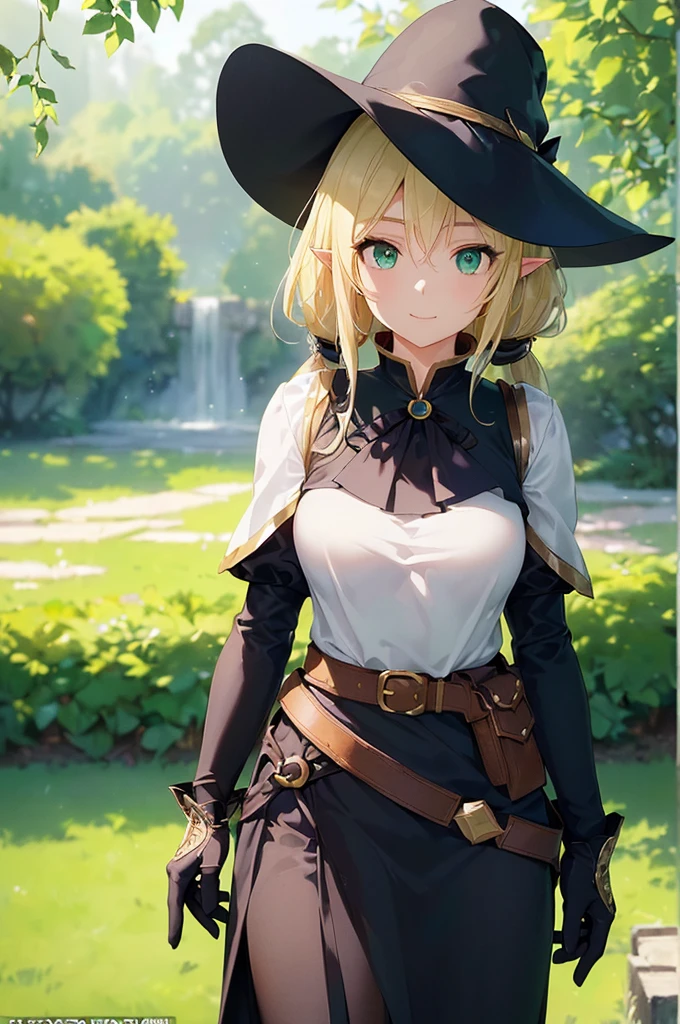 (((masterpiece; best quality: 1.2))), (finely detailed eyes: 1.3), (25 year old elf woman), (solo), (green eyes: 1.4), (body; big breasts, fit, femenine: 1.3), (silky blonde hair in low ponytail: 1.3), (beautiful and clear background: 1.2), ((depth of field)), (equipment: adventurer garb + modest + elegant wide-brim hat + dark blouse + dark cape + black long skirt + gloves + belt + pouches: 1.3), (anime illustration: 1.2), (background composition; royal garden: 1.1), (extremely fine and beautiful: 1.1), (shot composition; standing + centered on torso + close-up: 1.5), (expression; calm, smile: 1.2)