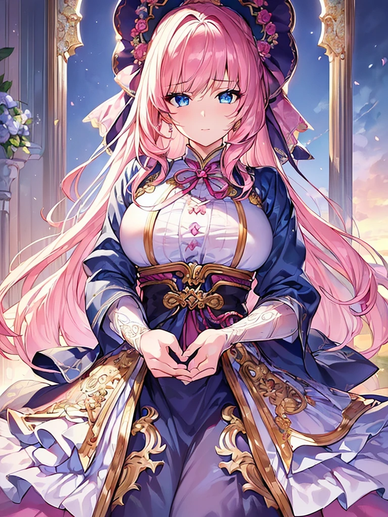 (finely detailed beautiful eyes and detailed face,masterpiece sidelighting,masterpiece,Highest quality,detailed,High resolution illustrations),, (One girl,whole body,beautiful girl,Shiny skin,Looking down,View your viewers),, (Pink Hair,blue eyes,ribbon,Hanbok, korean clothing), (Dressed_Underbust:1.2),Underbust,breast enhancement