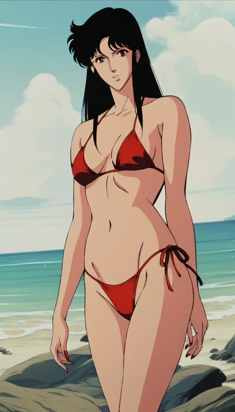 One girl,  fh1to, A gentle round face,Model body type,Stand in front,Red tiny bikini,Not a big ass , Long, slender legs, Sandy Beach,BREAK score_9, score_8_superior, score_7_superior, score_6_superior, score_5_superior, score_4_superior, sauce_anime,official anime screencap