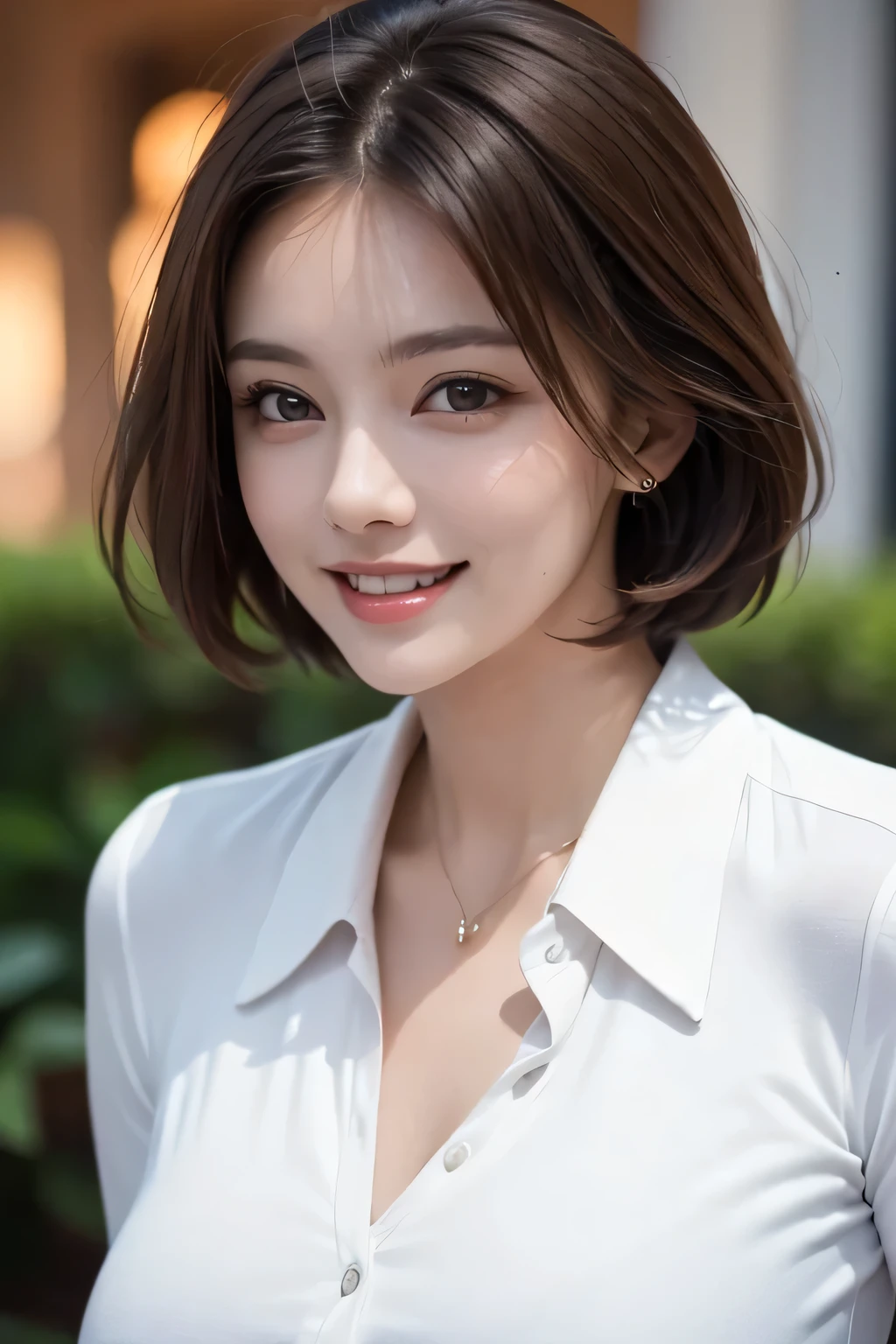((masterpiece)), ((Highest quality)), ((Complex)), ((Surreal)), (Realistic), ( Woman), ((There are no classes)), Very detailed, (1 female), Beautiful and exquisite, (Beautiful Teeth), Grin, Brunette bob hair, Brown eyes, ((blouse)), (Upper Body), (background:none), Perfect Eyes, Captivating eyes, Looking at the audience