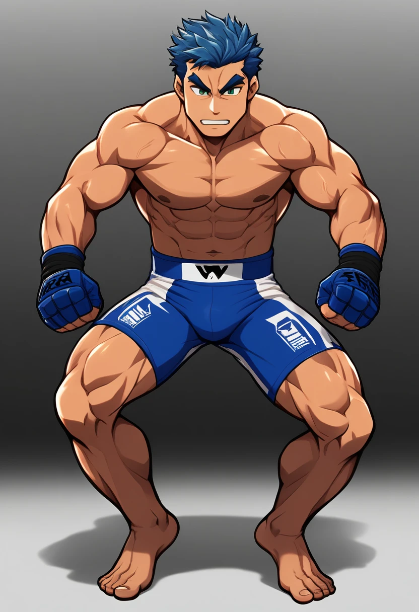 20 year old man, rough appearance, masculine, muscular, MMA fighter, short shaved tousled blue hair, green eyes, wide eyebrows, Whole body, tight blue compression shorts, shirtless, MMA gloves