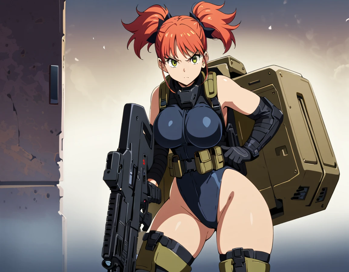 1 girl, Kikoru Shinomiya From Kaiju no. 8, green eyes, sexy, black tactical armor , holding a advanced rifle weapon, aiming her weapon, tied hair, cute hairstyle, serious look, sinister, facing away from viewer, tactical gear, tactical boots, tactical gloves, full body shot, beautiful eyes, large breasts, triple D cup breasts, round buttocks, bubbly buttocks, wide hips, bubbly ass, 