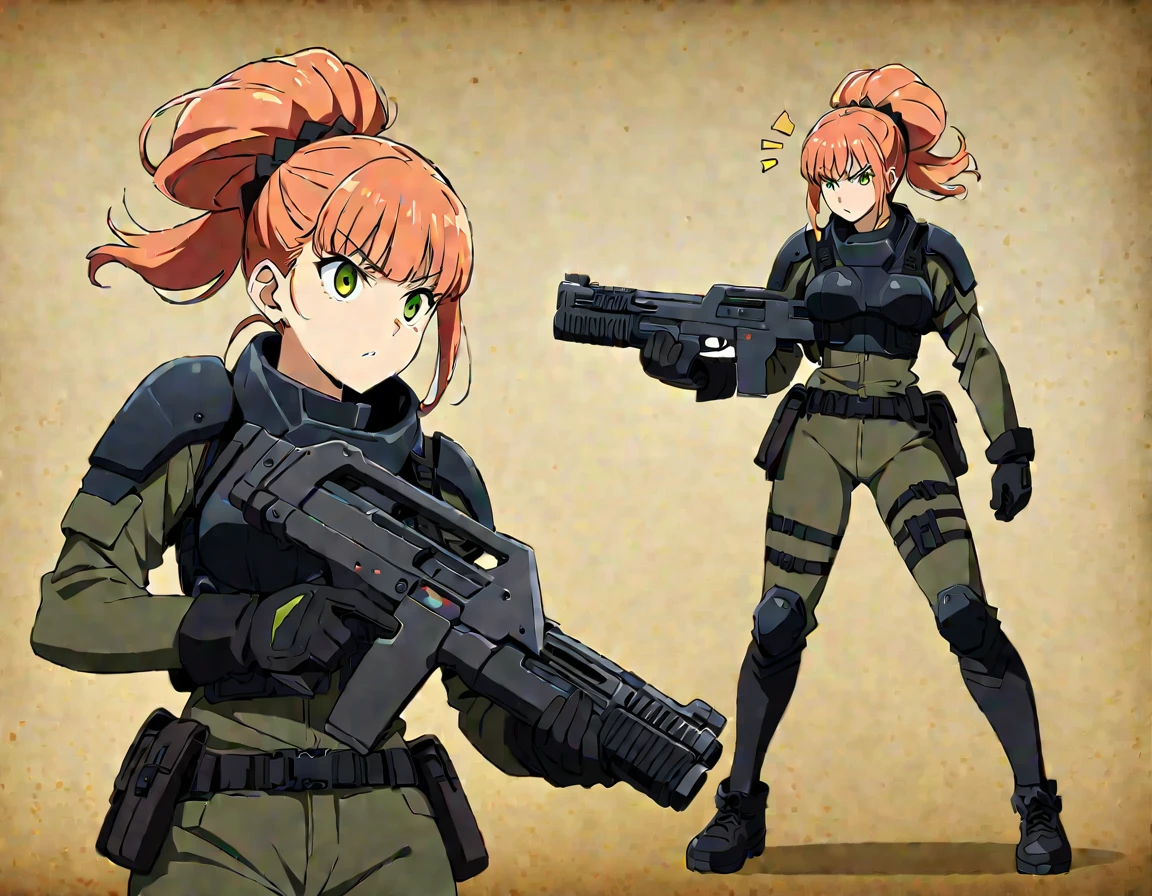 1 girl, Kikoru Shinomiya From Kaiju no. 8, green eyes, sexy, black tactical armor , holding a advanced rifle weapon, aiming her weapon, tied hair, cute hairstyle, serious look, sinister, facing away from viewer, tactical gear, tactical boots, tactical gloves, full body shot, beautiful eyes, large breasts, triple D cup breasts, round buttocks, bubbly buttocks, wide hips, bubbly ass, 