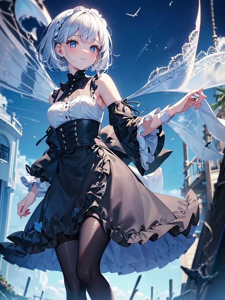 (kawai Quality figure), Ultra detailed,((Top quality)),beautiful girl, (short white hair), ((braided short hair)), her eyes is shining , (highly detailed beautiful eyes), charming smile, beautiful atmosphere feeling,(dream invited blue ), (storm spring),kawaii figure, (Ghotic with long skirt),(Her outfit closely resembles a goth lolita aesthetic black), (blouse underneath), (a grey skirt with ruffled fabric underneath and a lace draping over it),(wears black tights),((at beach)),( spin dance ),(blue sky), (She is considered to be very beautiful)