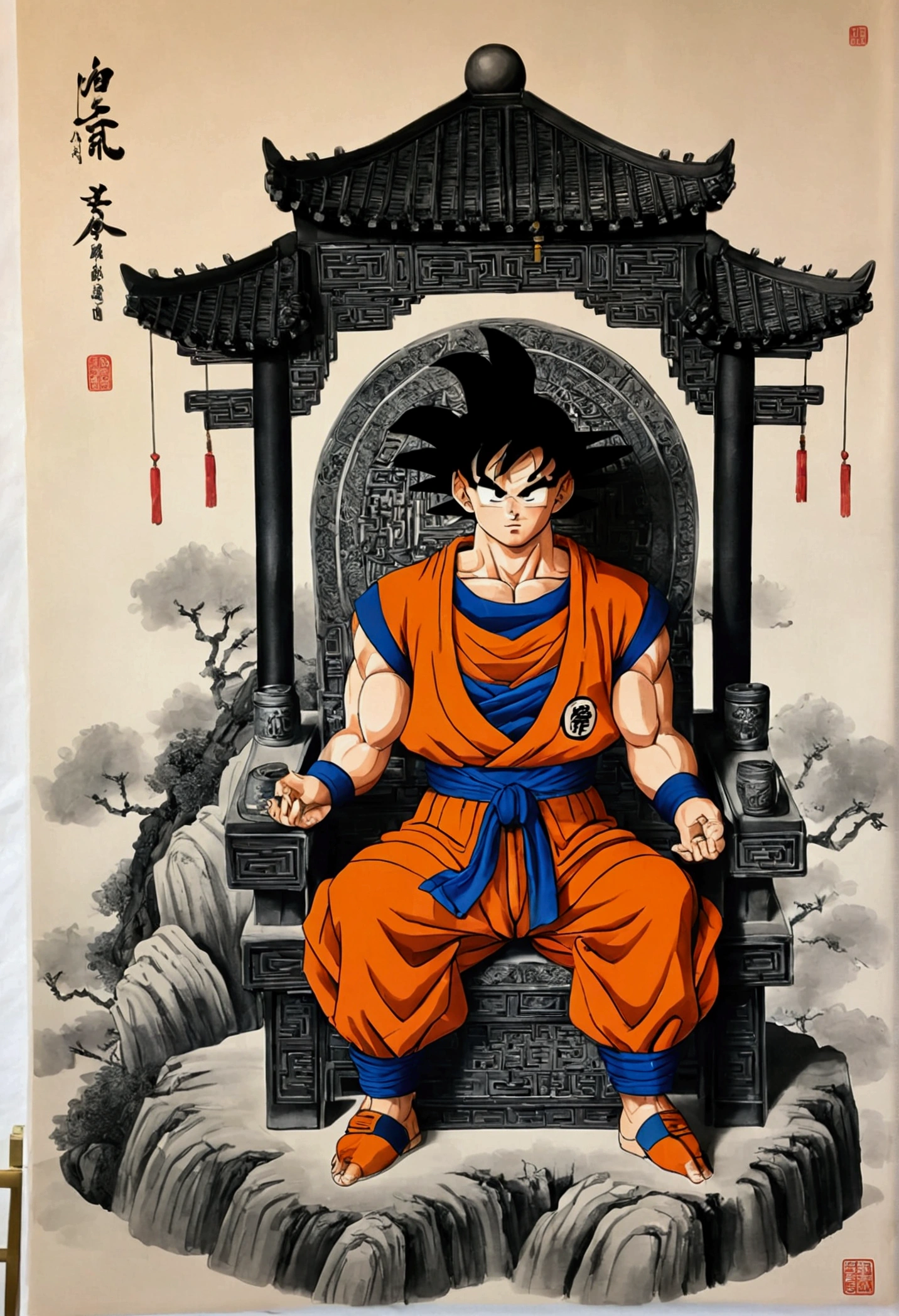 (masterpiece, best quality: 1.2), traditional Chinese ink painting , goku sitting on throne