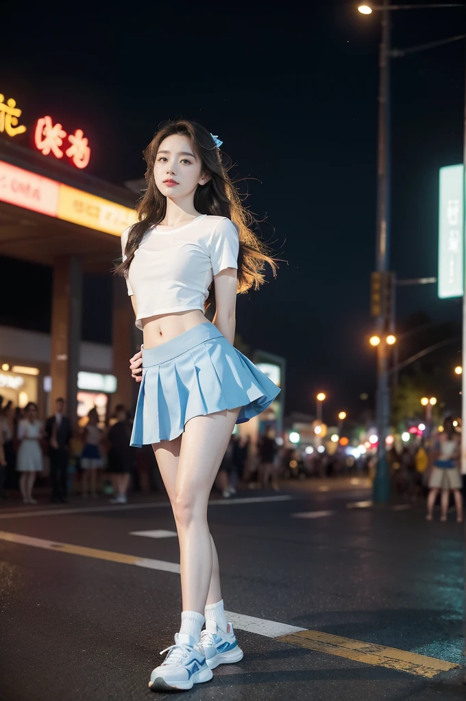 (((best quality))), (((ultra detailed))), (((masterpiece))), illustration,((a beautiful girl,solo)),((slim,thin)),((small breasts,flat chest,claviclis,navel)),(blue short-sleeved white shirt:1.5),(blue mini-skirt:1.3),(slender legs:1.2),(sneakers:1.2),(standing:1.3),((on a stage,outside a shopping mall, at the entrance of a beer promotional event,on the street)), ((surrounded by crowded crowds)),((her hair and the edges of her skirt fluttering in the air)), the girl's attire reflecting the vibrant spirit of summer, a sense of youthful charm and confidence exuding from her, her hair flows freely in the wind, the fluttering skirt accentuating her graceful movements, her expressive eyes and infectious smile drawing people closer, the stage adorned with colorful decorations, the vibrant atmosphere enhanced by the enthusiasm of the crowd, onlookers of various ages captivated by her performance, clapping, cheering, and taking photos, the girl's graceful dance transforming the ordinary streets into a vibrant and lively venue, her energy and charisma captivating the audience, the scene encapsulating the spirit of summer and the beauty of artistic expression,(night scene:1.3),(from front:1.3),(arms behind back:1.3),(full body:1.3)