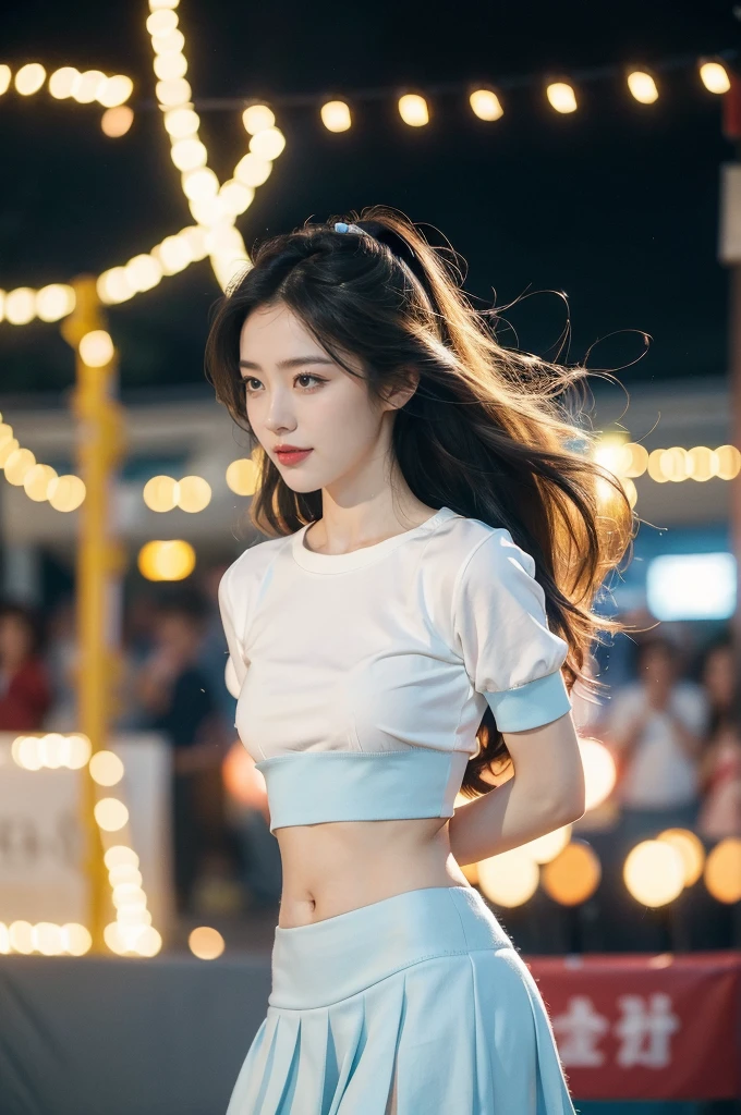 (((best quality))), (((ultra detailed))), (((masterpiece))), illustration,((a beautiful girl,solo)),((slim,thin)),((small breasts,flat chest,claviclis,navel)),(blue short-sleeved white shirt:1.5),(blue mini-skirt:1.3),(slender legs:1.2),(sneakers:1.2),(standing:1.3),((on a stage,outside a shopping mall, at the entrance of a beer promotional event,on the street)), ((surrounded by crowded crowds)),((her hair and the edges of her skirt fluttering in the air)), the girl's attire reflecting the vibrant spirit of summer, a sense of youthful charm and confidence exuding from her, her hair flows freely in the wind, the fluttering skirt accentuating her graceful movements, her expressive eyes and infectious smile drawing people closer, the stage adorned with colorful decorations, the vibrant atmosphere enhanced by the enthusiasm of the crowd, onlookers of various ages captivated by her performance, clapping, cheering, and taking photos, the girl's graceful dance transforming the ordinary streets into a vibrant and lively venue, her energy and charisma captivating the audience, the scene encapsulating the spirit of summer and the beauty of artistic expression,(night scene:1.3),(from front:1.3),(arms behind back:1.3),(full body:1.3)