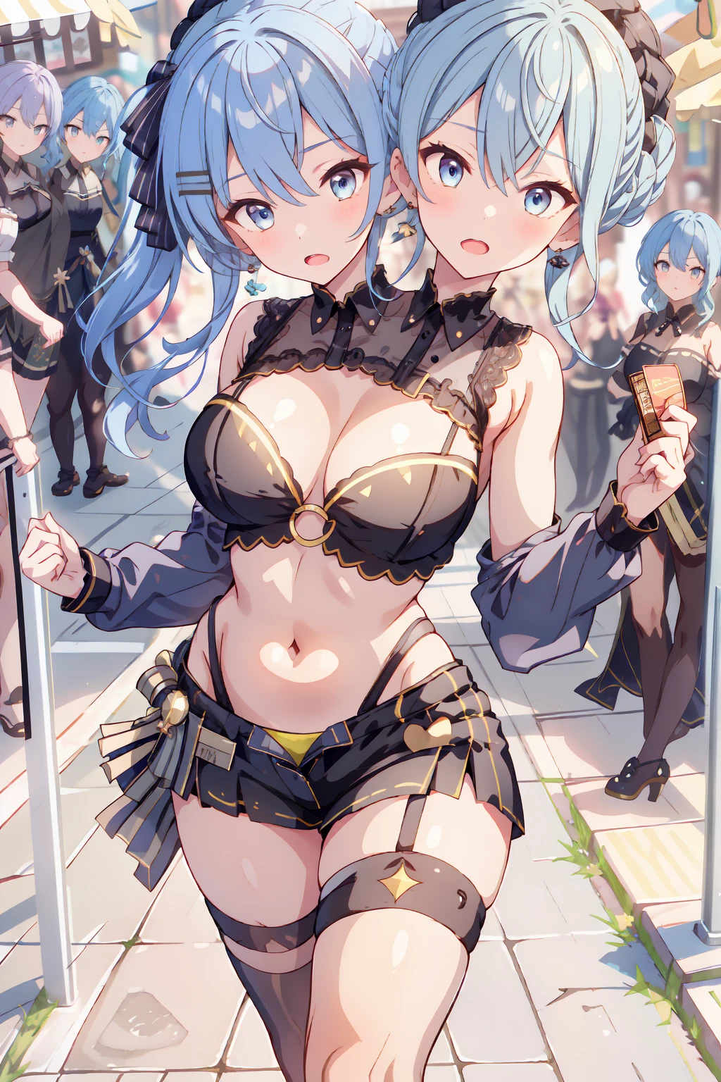 (masterpiece, best quality), best resolution, 16k, (3heads:1.5), close-up, 1girl, solo, HoshimachiSuisei, side ponytail, blue hair ribbon, SuiseiStreet, long hair, half updo, black beret, black miniskirt, black crop top, sleeveless, bow earrings, black belt, yellow pantyhose, o-ring thigh strap, single garter strap, (cheek-to-cheek), ((hand holding a wallet)), ((eyes up looking sideways:1.3)), surprised, frustrating, walking, open mouth, city, Shopping Street, street vendor, morning, open breasts, big breasts, huge tits, open belly,