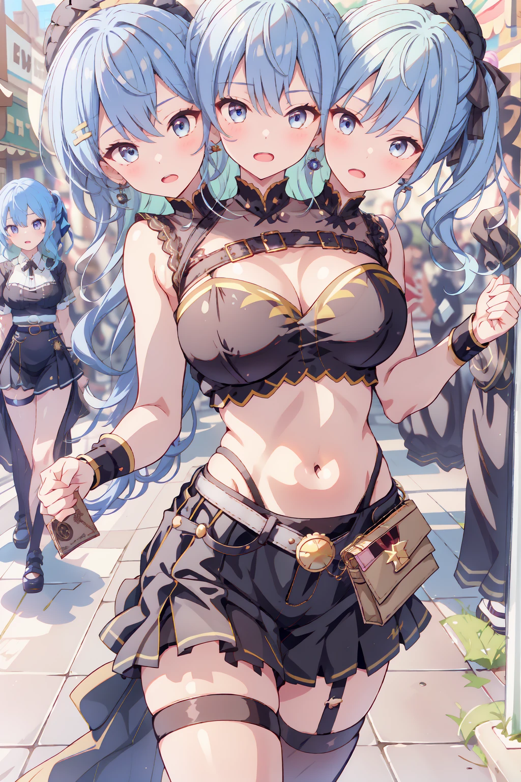 (masterpiece, best quality), best resolution, 16k, (3heads:1.5), close-up, 1girl, solo, HoshimachiSuisei, side ponytail, blue hair ribbon, SuiseiStreet, long hair, half updo, black beret, black miniskirt, black crop top, sleeveless, bow earrings, black belt, yellow pantyhose, o-ring thigh strap, single garter strap, (cheek-to-cheek), ((hand holding a wallet)), ((eyes up looking sideways:1.3)), surprised, frustrating, walking, open mouth, city, Shopping Street, street vendor, morning, open breasts, big breasts, huge tits, open belly,