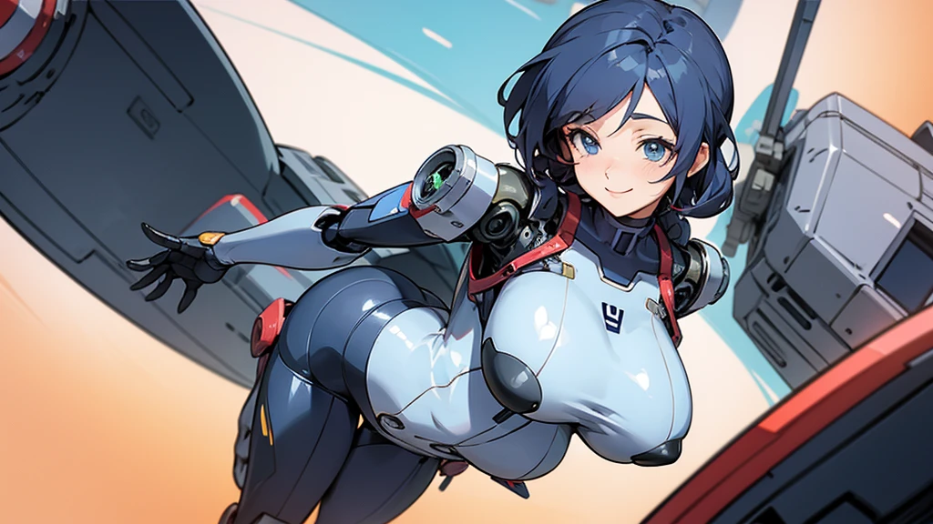 Anime Style,A detailed background with many people,Smiling pilot getting into a robot,Mature Woman,Large Breasts,Protruding buttocks