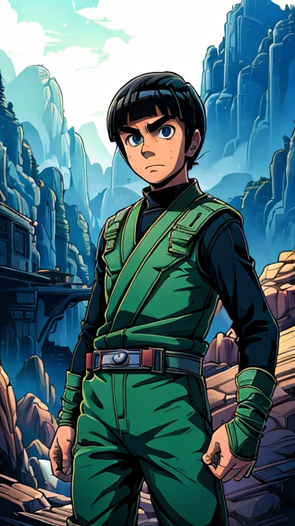 (s:1boy: rock lee,Star Wars), (extremely detailed CG unit 8k wallpaper),(master part), (best quality), (ultra detali), (best illustration),(melhor ombre), cowboy shot, (Sharp eyeliner, ombre, detailedeyes:1), Konoha Village background, ,break , (star15escola:1.2), hair ornament,short hair ,black hair, jumpsuit