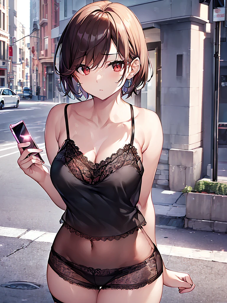 Beautiful woman upper body photo, Playing with your cell phone in the middle of the street, [See through](Short lace camisole:1.47), Natural Breasts, Medium chest, (Tight waist, Perfect body curves), Earrings, Sharp focus, (Tall body, Adult female), ((avert your eyes)), (Skin with attention to detail, Skin pores:1.4)