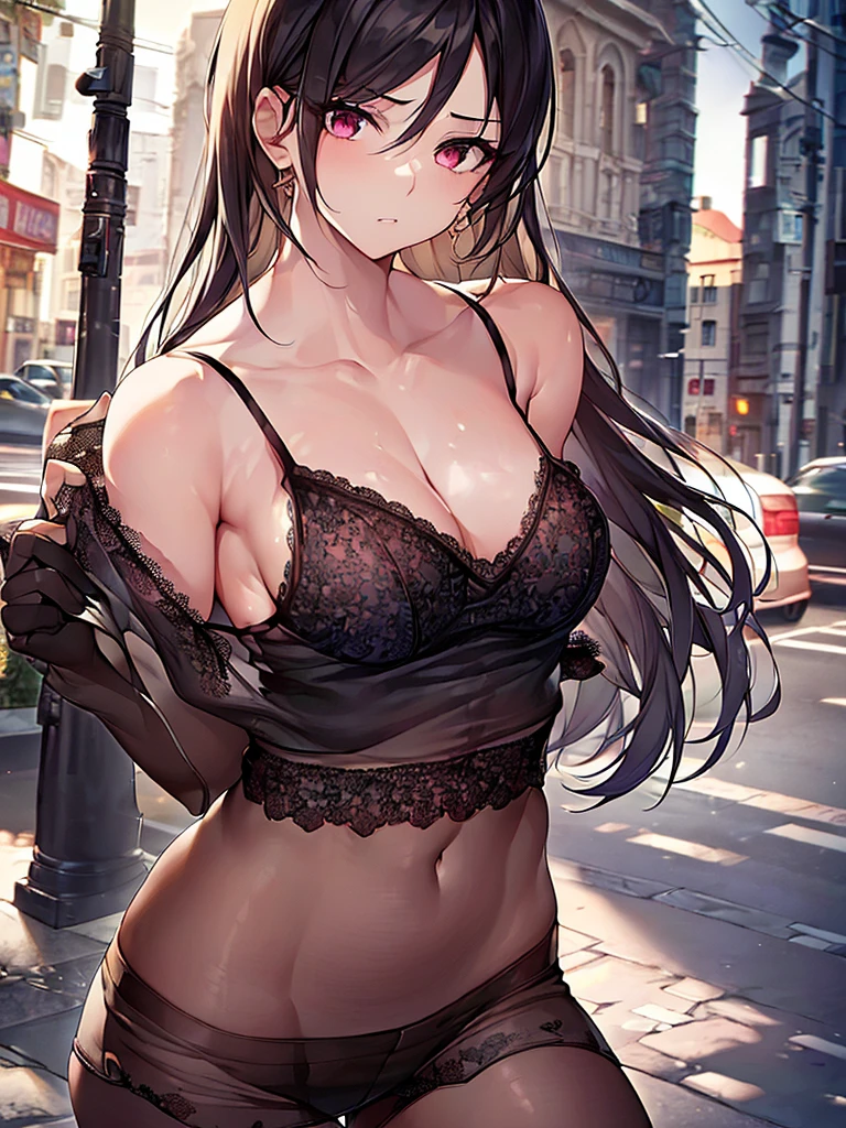 Beautiful woman upper body photo, Playing with your cell phone in the middle of the street, [See through](Short lace camisole:1.47), Natural , Medium chest, (Tight waist, Perfect body curves), Earrings, Sharp focus, (Tall body, Adult female), ((avert your eyes)), (Skin with attention to detail, Skin pores:1.4)