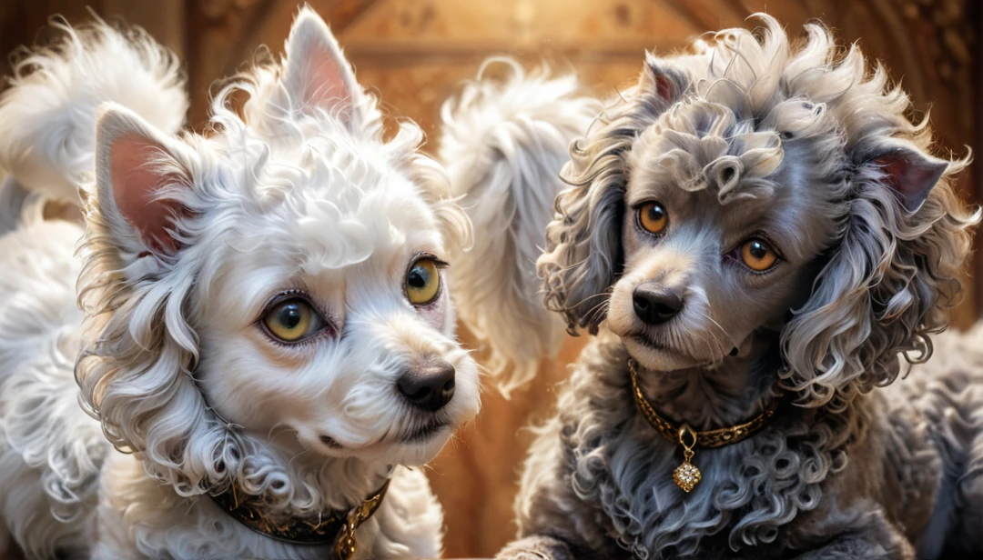 A regal grey cat and a white poodle dog looking at each other, beautiful detailed eyes, beautiful detailed fur, highly detailed, anime style,  intricate details, soft lighting, warm colors, overhead view