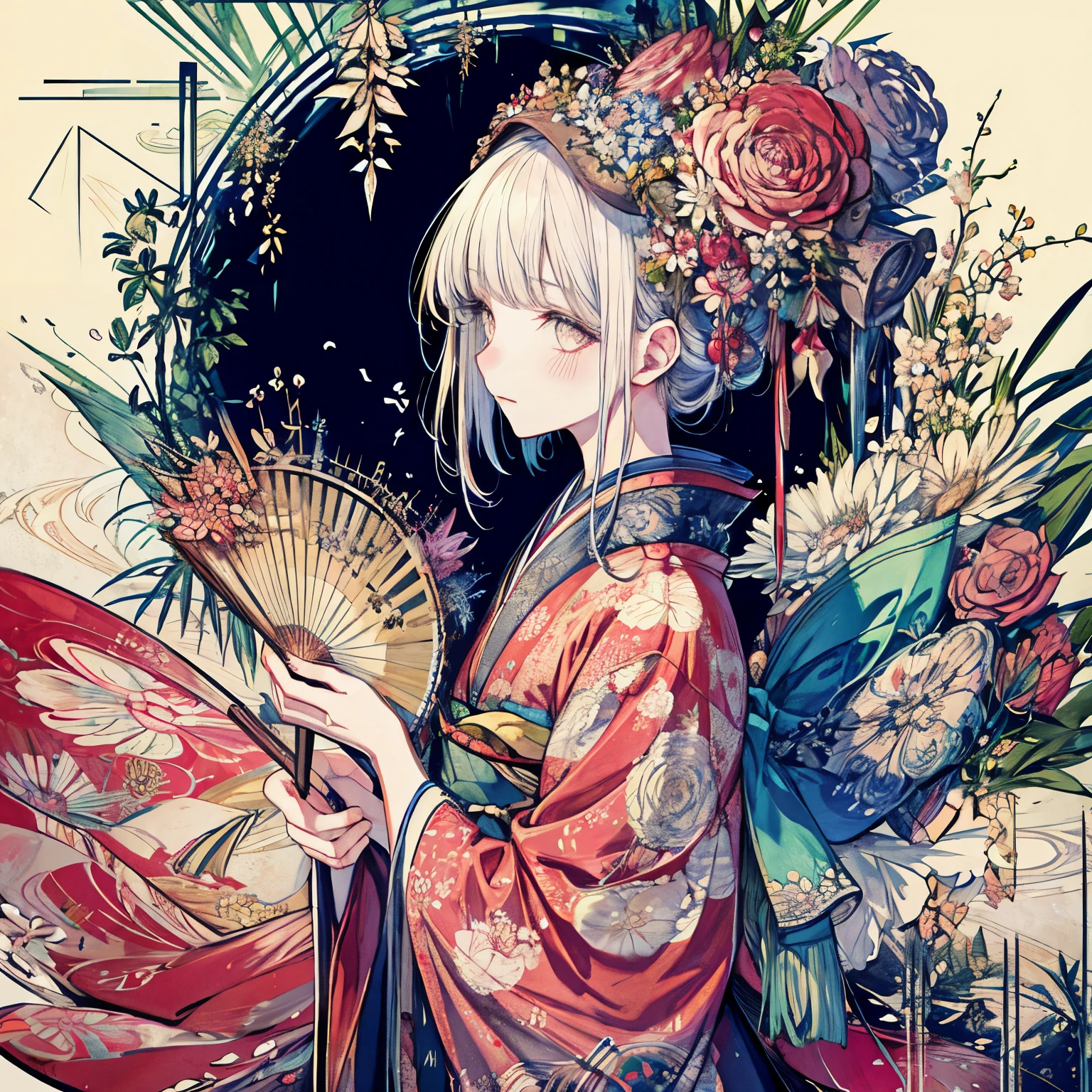 Menela Style, By Ernst Haeckel, Beautiful illustration of a Japanese girl in a kimono with flowers, Beautiful girls, Botanical Art,