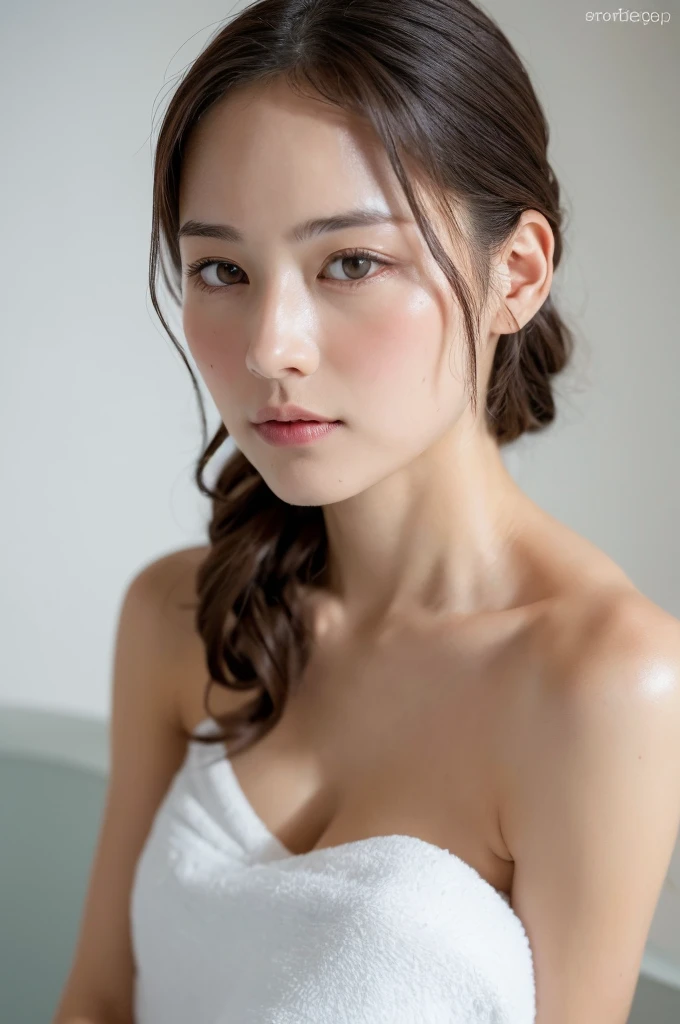 ((Highest quality, 8k, masterpiece :1.3)), One girl, Beautiful woman with slim abdominal muscles :1.3, (Random Hairstyles, Huge breasts :1.2), Wrapped in a bath towel :1.2, Highly detailed face, Fine grain, double eyelid、Japanese women