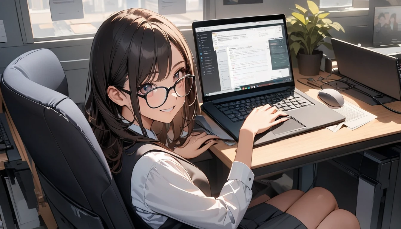 Office workers working on a computer,Portraiture,Professional,Wearing a smart suit,Stylish glasses,Typing on a sleek laptop,Use a wireless mouse,Sitting at a modern desk,Smile confidently,Soft natural light,High resolution,High resolution,Very detailed.One Woman ,alone