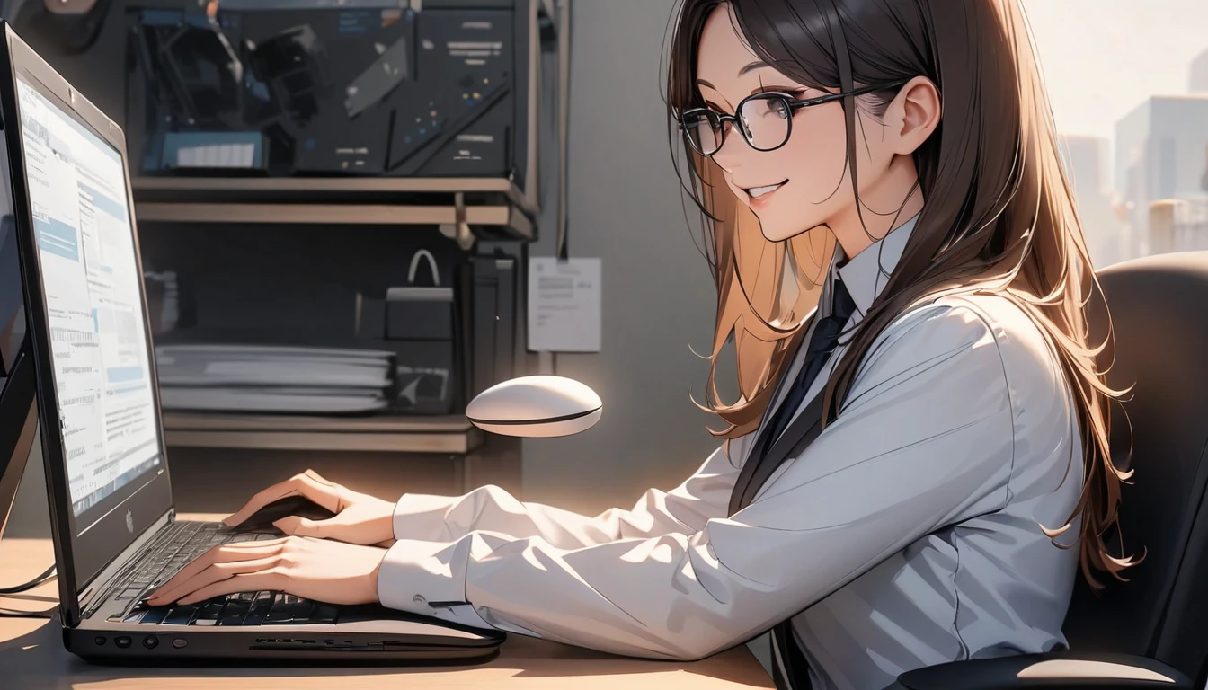 Office workers working on a computer,Portraiture,Professional,Wearing a smart suit,Stylish glasses,Typing on a sleek laptop,Use a wireless mouse,Sitting at a modern desk,Smile confidently,Soft natural light,High resolution,High resolution,Very detailed.One Woman ,alone