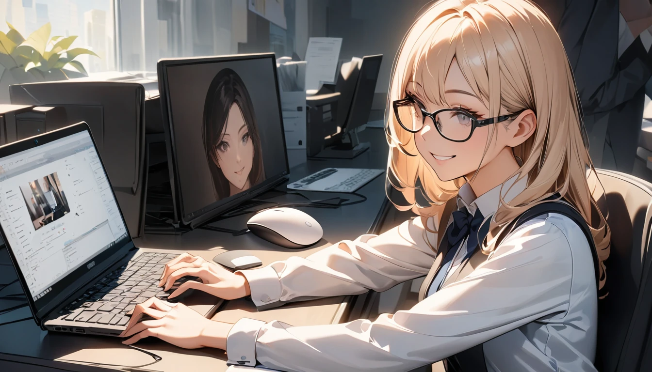 Office workers working on a computer,Portraiture,Professional,Wearing a smart suit,Stylish glasses,Typing on a sleek laptop,Use a wireless mouse,Sitting at a modern desk,Smile confidently,Soft natural light,High resolution,High resolution,Very detailed.One Woman ,alone