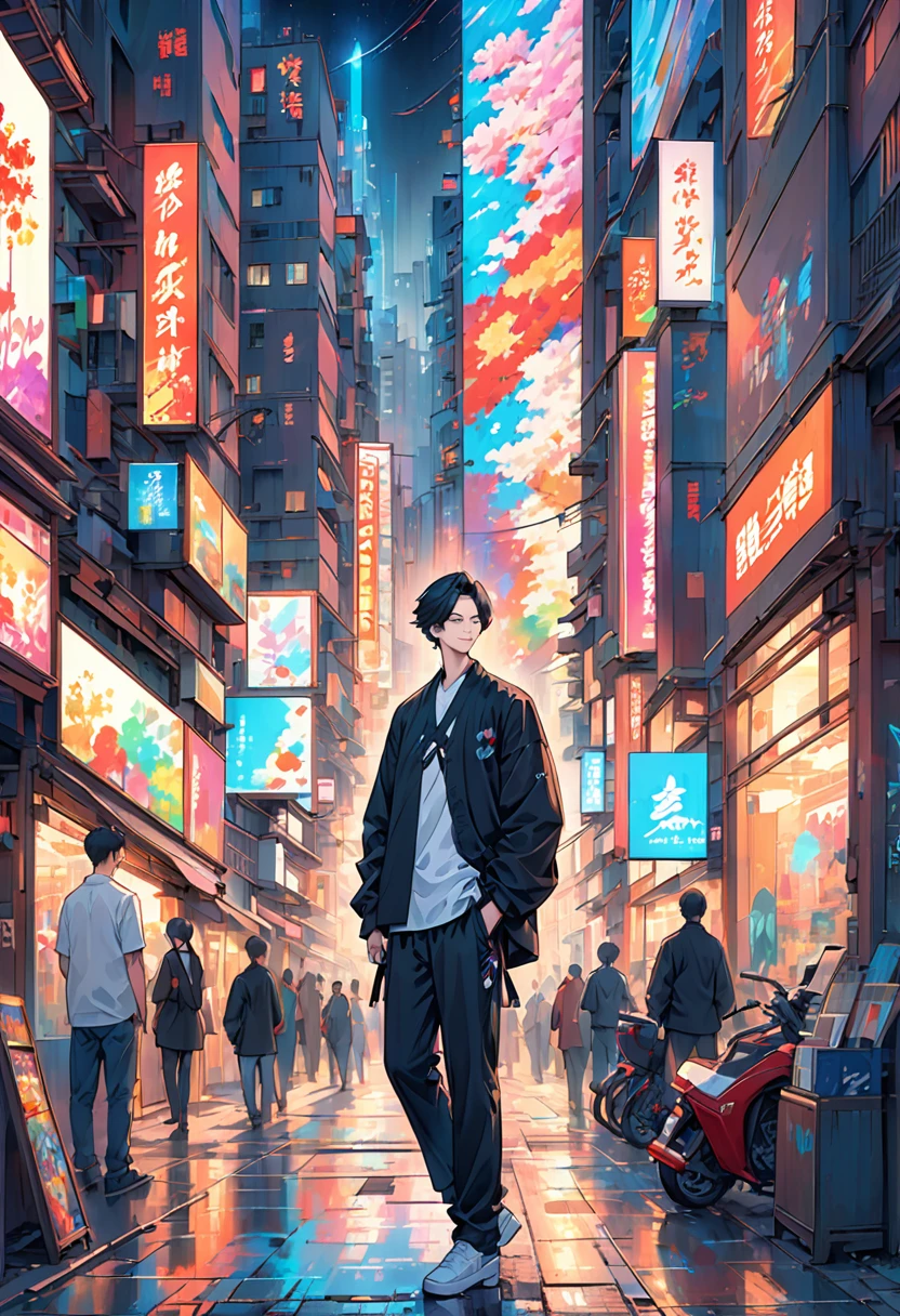 Set the background as a cyberpunk-themed cityscape at night. The boy stands amidst the vibrant chaos of a bustling city, with the following elements:
• Skyscrapers and urban scenery filled with neon lights and electronic billboards.
• Bright neon signs and colorful lights flooding the city.
• Shadows of people walking in alleys and sidewalks, adding to the urban hustle.
• Drones and hologram advertisements floating in the sky, enhancing the futuristic atmosphere.
The boy’s outfit is simple and includes:
• A plain shirt and pants.
• A moon motif accessory, symbolizing his identity as the god of night.
The colorful and lively background contrasts sharply with the monochrome depiction of the boy, making this contrast stand out. The boy’s appearance is as follows:
• He has a baby-faced, androgynous look.
• His build is slender, giving a delicate impression.
• His expression is one of enlightenment yet resignation, suggesting a profound understanding paired with a sense of giving up.
• The monochrome representation of the boy contrasts vividly with the colorful background, highlighting his presence.
Based on this prompt, you will create a striking illustration that captures the solitary god of night standing amidst the vibrant hustle of a cyberpunk city, creating a visually and emotionally impactful scene.カウボーイショット、コンセプトアート、レンズフレア