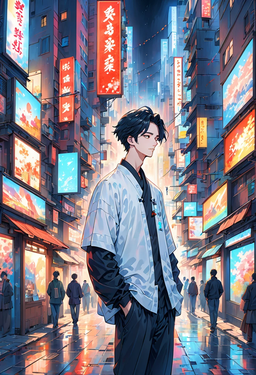 Set the background as a cyberpunk-themed cityscape at night. The boy stands amidst the vibrant chaos of a bustling city, with the following elements:
• Skyscrapers and urban scenery filled with neon lights and electronic billboards.
• Bright neon signs and colorful lights flooding the city.
• Shadows of people walking in alleys and sidewalks, adding to the urban hustle.
• Drones and hologram advertisements floating in the sky, enhancing the futuristic atmosphere.
The boy’s outfit is simple and includes:
• A plain shirt and pants.
• A moon motif accessory, symbolizing his identity as the god of night.
The colorful and lively background contrasts sharply with the monochrome depiction of the boy, making this contrast stand out. The boy’s appearance is as follows:
• He has a baby-faced, androgynous look.
• His build is slender, giving a delicate impression.
• His expression is one of enlightenment yet resignation, suggesting a profound understanding paired with a sense of giving up.
• The monochrome representation of the boy contrasts vividly with the colorful background, highlighting his presence.
Based on this prompt, you will create a striking illustration that captures the solitary god of night standing amidst the vibrant hustle of a cyberpunk city, creating a visually and emotionally impactful scene.カウボーイショット、コンセプトアート、レンズフレア