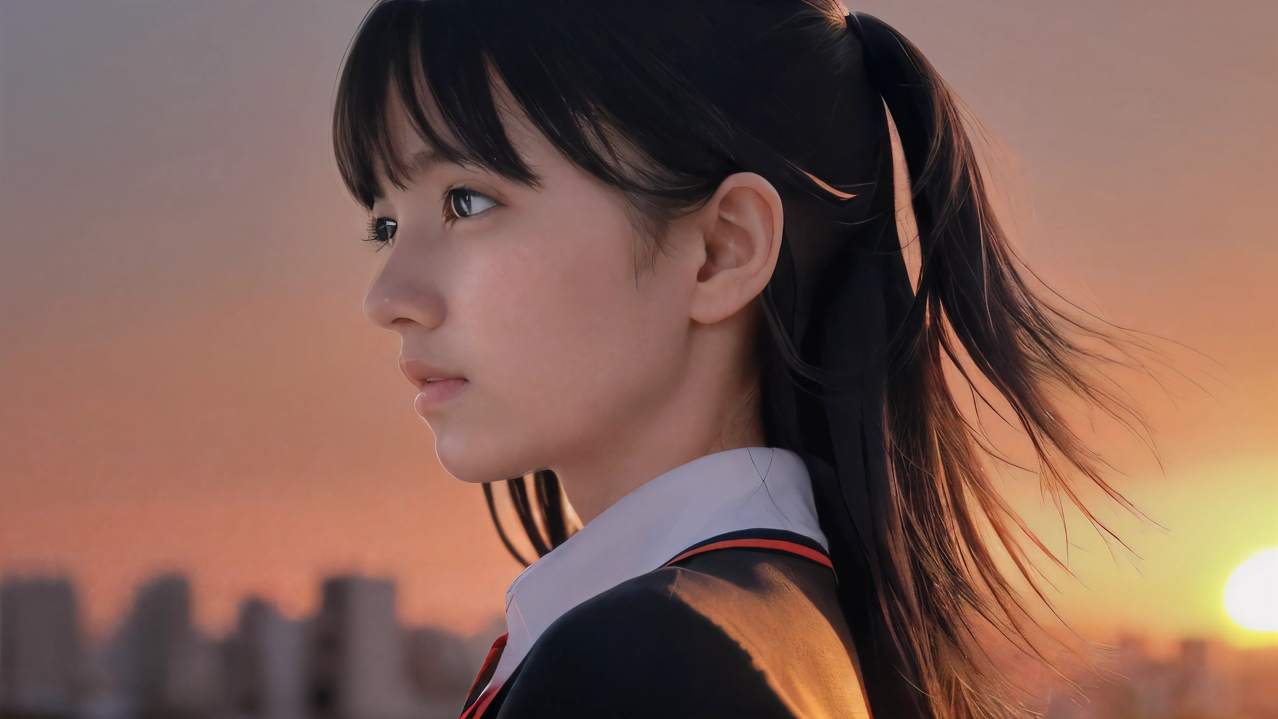 (Close up profile shot of one slender small breasts two side up black medium hair bangs girl with crying face in long sleeves black school uniform:1.5)、(One girl is looking at sunset red sky with her face is reflected sunset light and her hair is blowing in long sleeves black school uniform:1.5)、(Beautiful red sunset sky at skyscraper city landscape:1.5)、(8k ultra detailed master piece:1.5)、(perfect anatomy:1.5)、(Photorealistic stick:1.5)、(Raw photo:1.3)、(highest quality:1.5)、(High resolution:1.3)、(Delicate and beautiful perfect face:1.3)、(Delicate and beautiful eye air skin:1.3)、(Real Human Skin:1.3)、((thin legs))