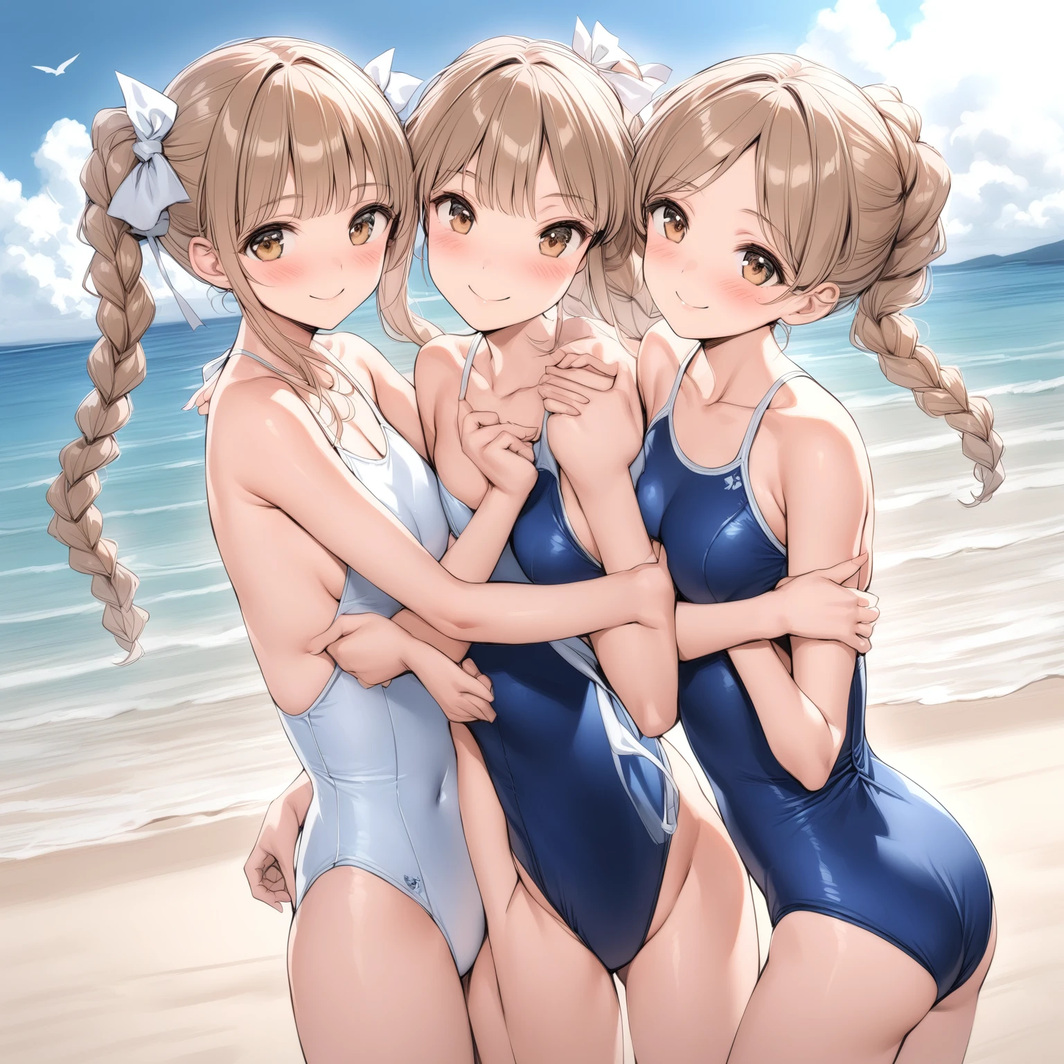 [high quality, best quality], [Movie], 2 girls, Four Dreams, Four teak, one-piece swimsuit, Cheek to Cheek, Looking at the audience, Smile, blush, beach, [bloom, HDR] 