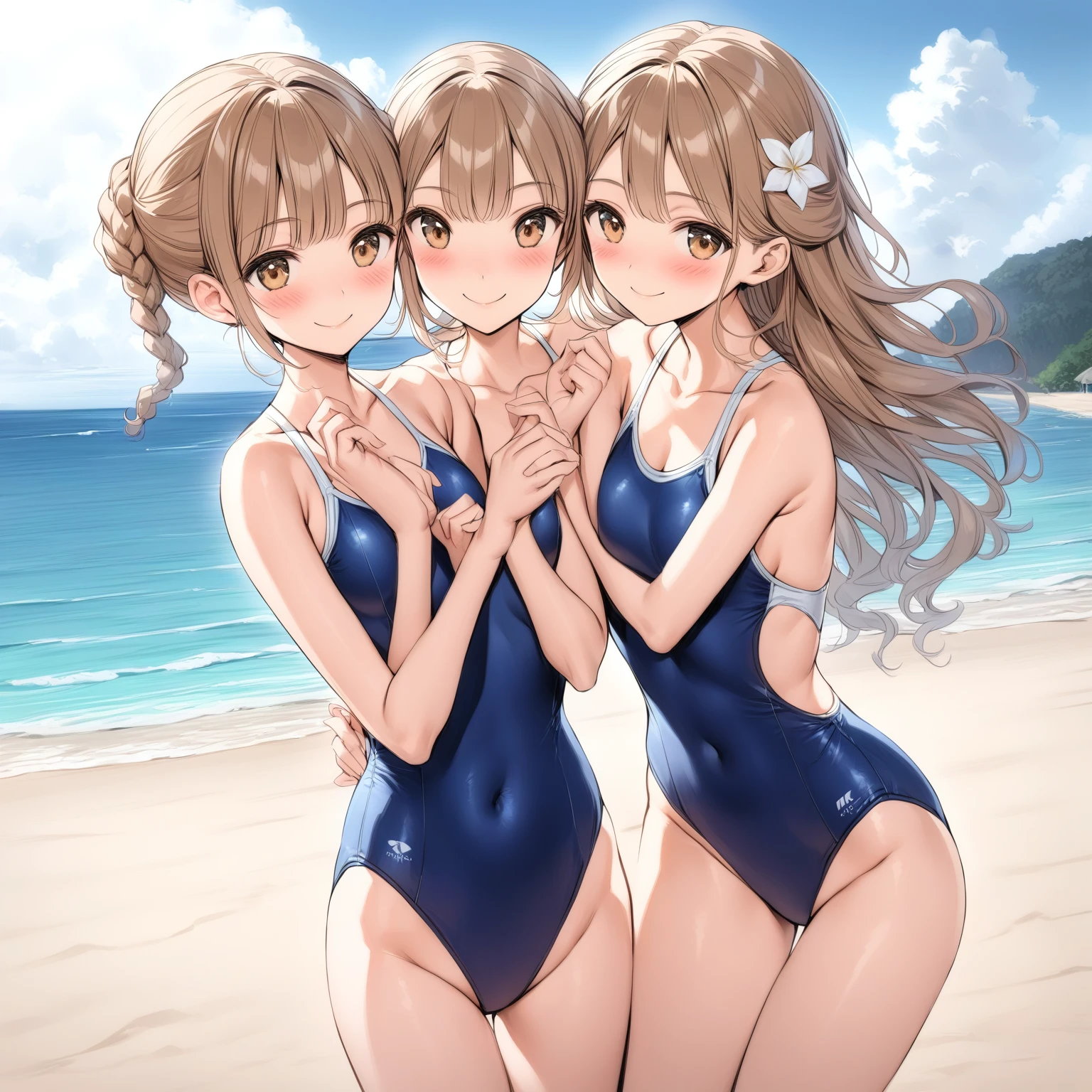 [high quality, best quality], [Movie], 2 girls, Four Dreams, Four teak, one-piece swimsuit, Cheek to Cheek, Looking at the audience, Smile, blush, beach, [bloom, HDR] 