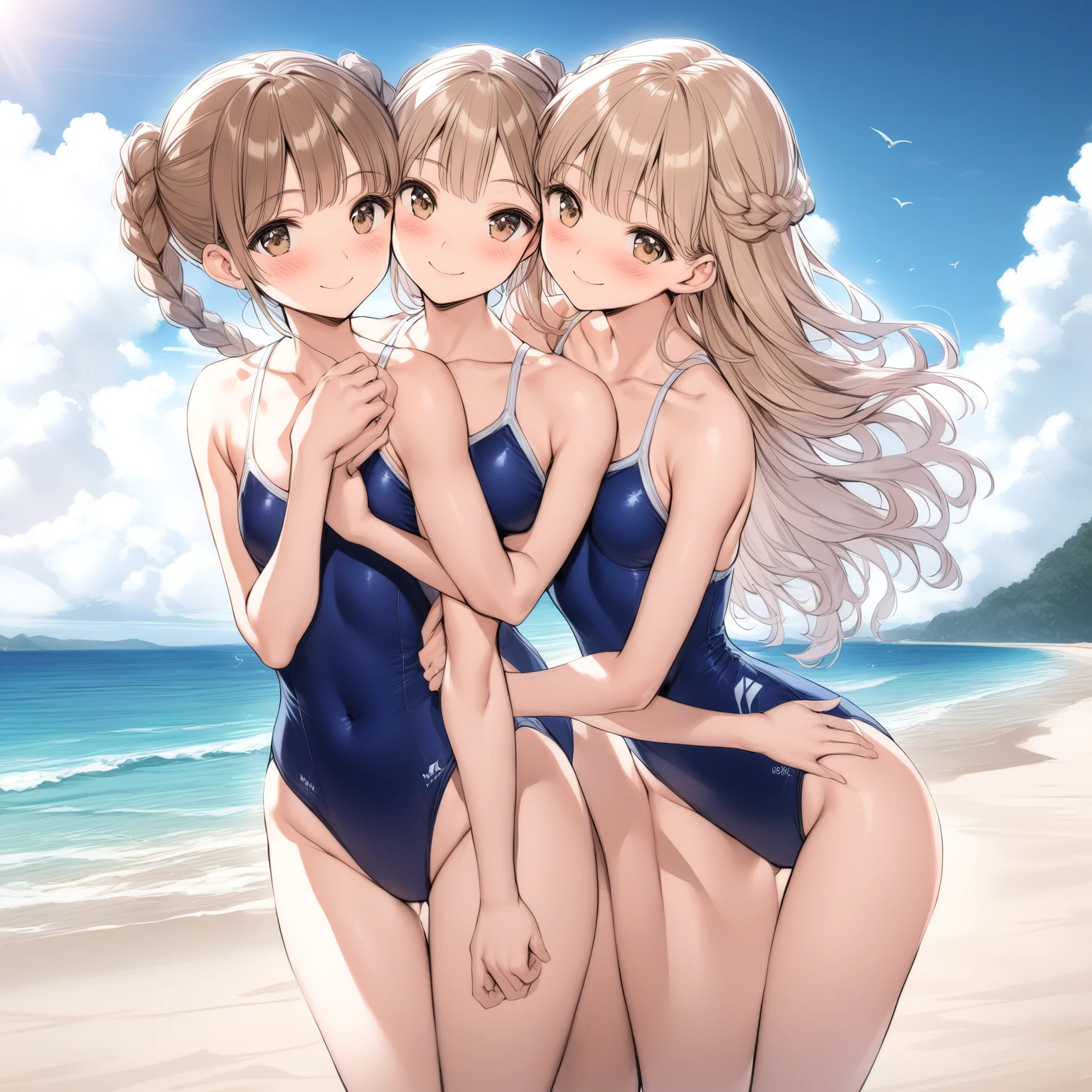 [high quality, best quality], [Movie], 2 girls, Four Dreams, Four teak, one-piece swimsuit, Cheek to Cheek, Looking at the audience, Smile, blush, beach, [bloom, HDR] 