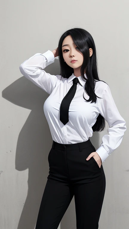 A girl has large breasts showing and long black hair and is wearing her black pants and white shirt with a black tie 