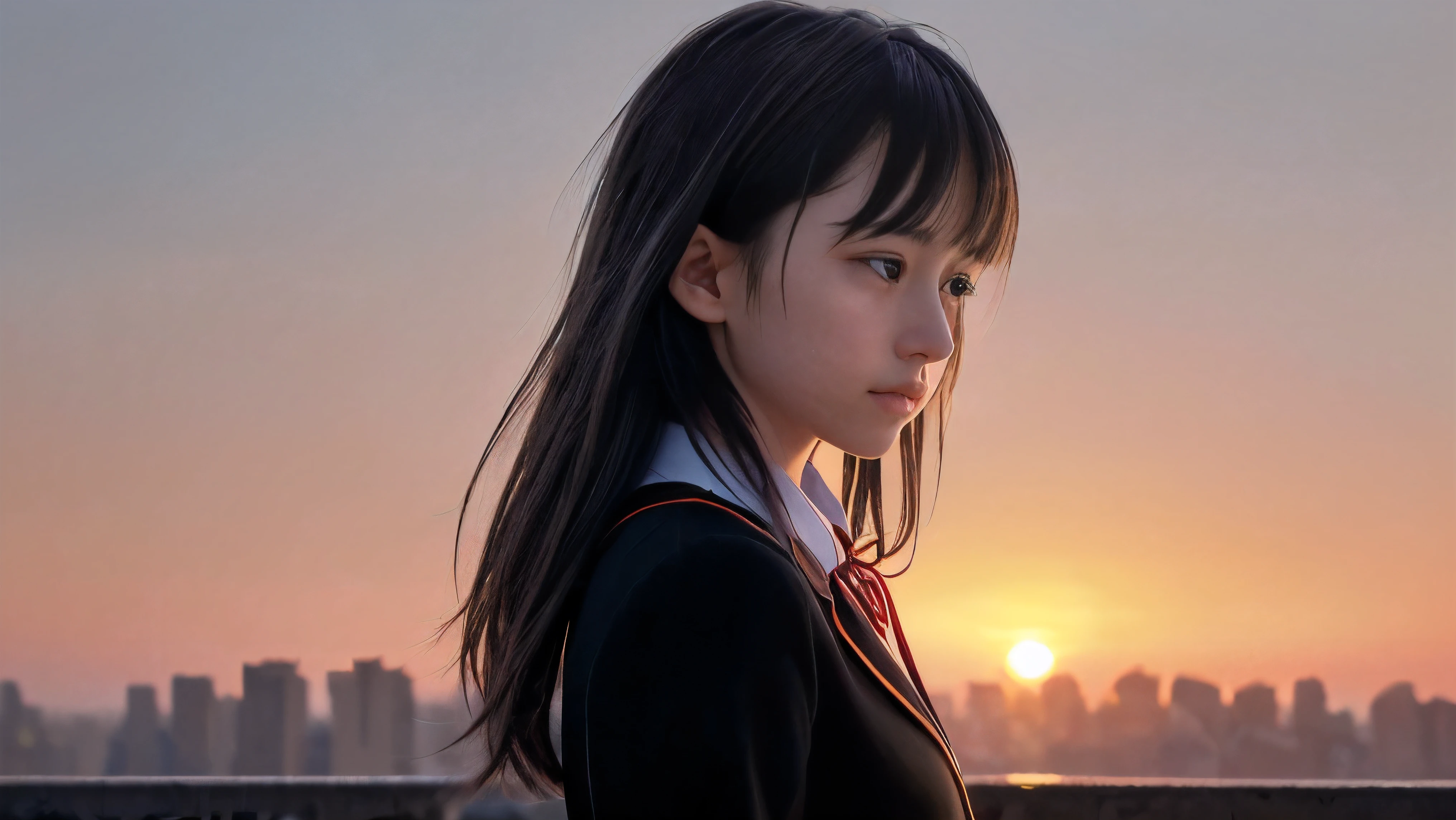 (Close up profile shot of one slender small breasts two side up black medium hair bangs girl with crying face in long sleeves black school uniform:1.5)、(One girl is looking at sunset red sky with her face is reflected sunset light and her hair is blowing in long sleeves black school uniform:1.5)、(Beautiful red sunset sky at skyscraper city landscape:1.5)、(8k ultra detailed master piece:1.5)、(perfect anatomy:1.5)、(Photorealistic stick:1.5)、(Raw photo:1.3)、(highest quality:1.5)、(High resolution:1.3)、(Delicate and beautiful perfect face:1.3)、(Delicate and beautiful eye air skin:1.3)、(Real Human Skin:1.3)、((thin legs))