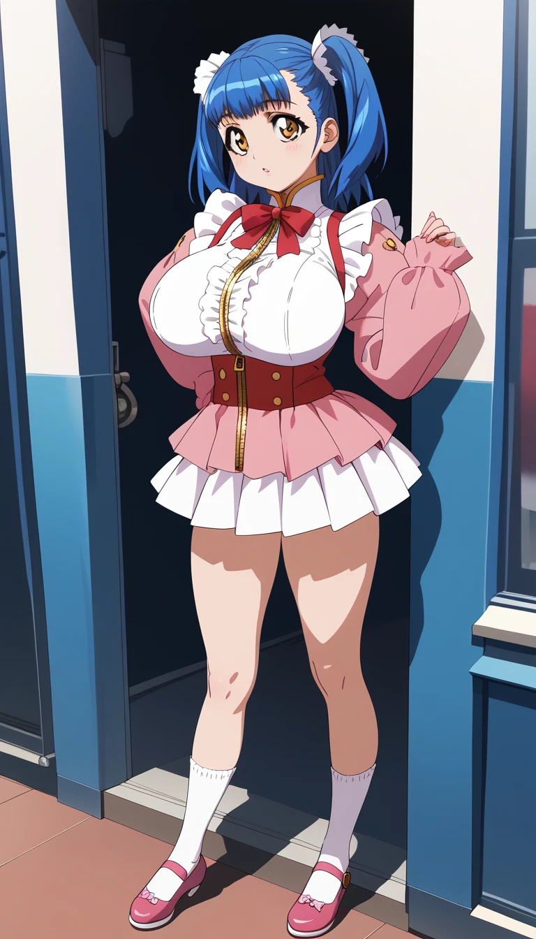 (Tuile(gravion),huge breasts,blue hair,yerrow eyes,twintail,two side up),(white shirt,red waist ribbon,gold zipper,white frill,red ribbon,white edge pink mini skirt,Pink sleeves,Pink Shoes、White socks),official art