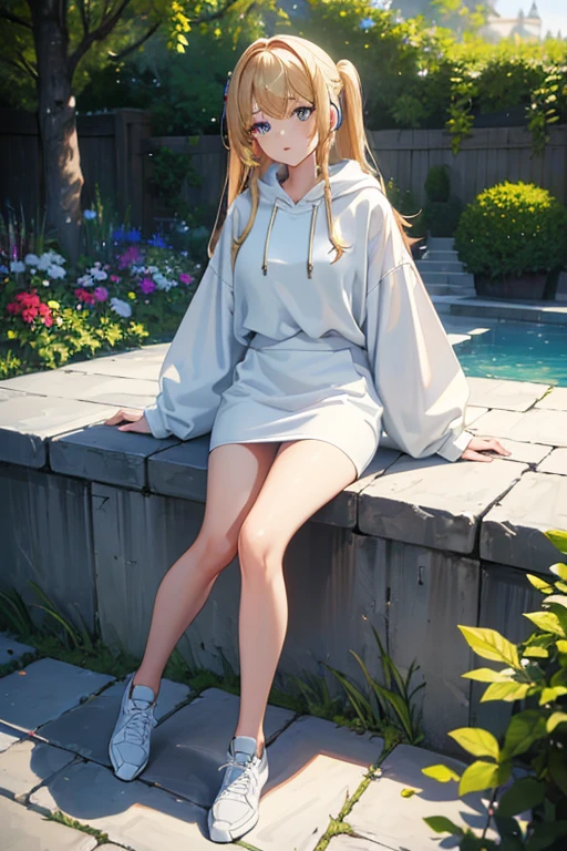 ((masterpiece, best quality, ultra-detailed)), 1girl, beautiful woman, wearing white hoodie, bracelet, blue midi pencil skirt, sneakers and socs, wearing headphones, full body, blonde hair, summer garden
