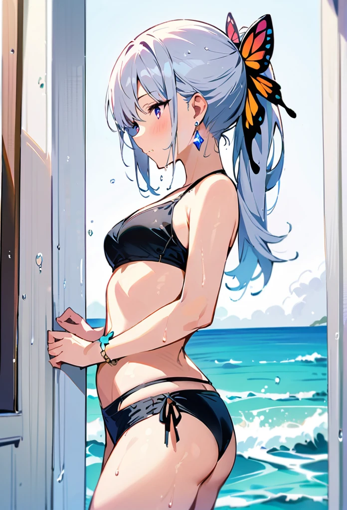 high resolution, masterpiece, precise, best quality, Won numerous awards, high resolution模型,
Silver Hair, Wet hair, Waist-length hair, Hair Bun, Ponytail,
slim、
seaside,
Butterfly Hair Accessories, Crystal Earrings,
Swimwear, Simple bikini,Butterfly anklet standing picture, whole body