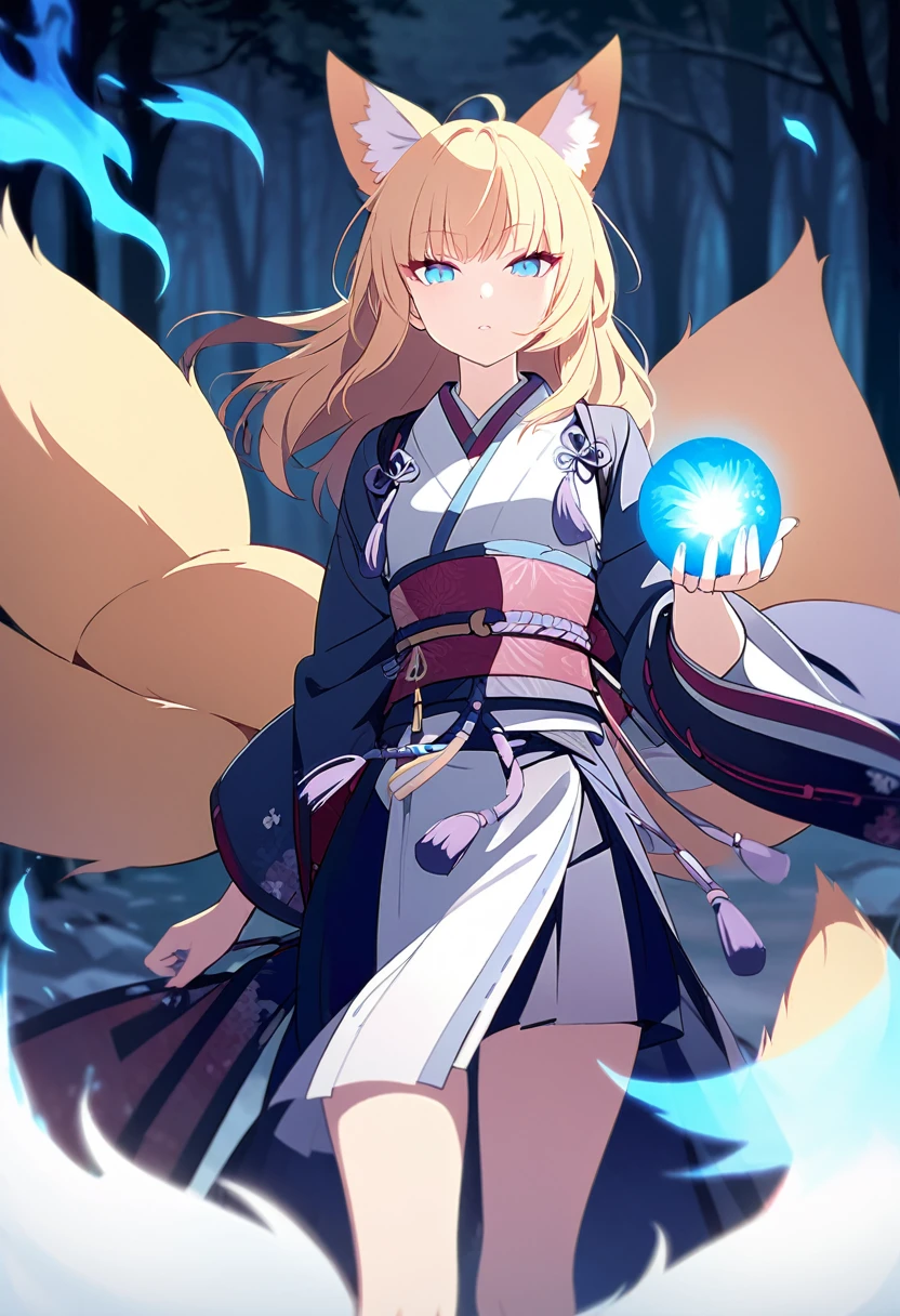 Masterpiece, Extremely detailed, (A beautiful kitsune woman walking in a forest holding a small ball of blue fire), facing viewer, dynamic pose , fox ears, nine fox tails, traditional Japanese clothing.