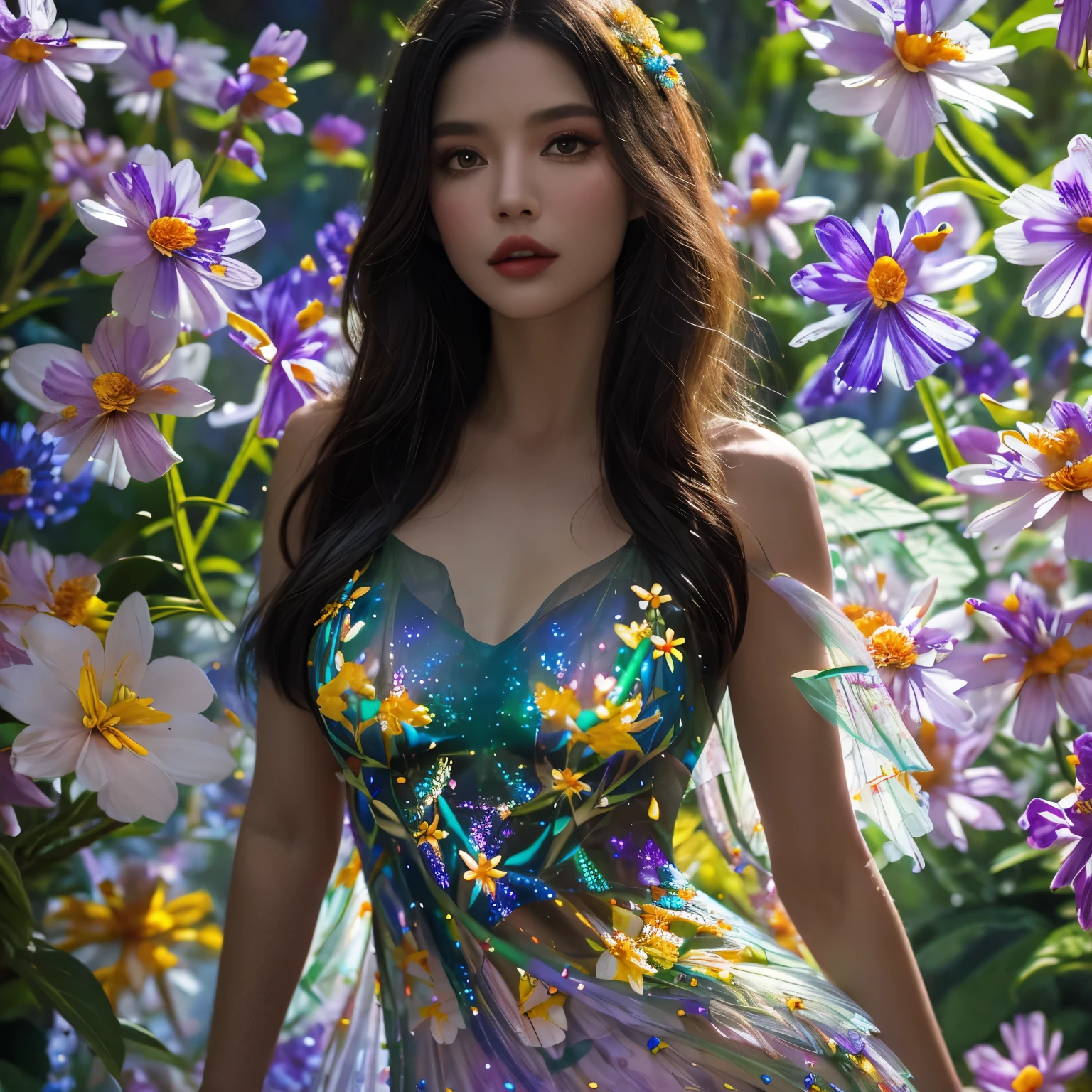 4K ultra high definition, masterpiece, a girl, good face, meticulous eyes, meticulous lips, flower fairy girl, big wings, transparent wings, neon lights, (galaxy background: 1.5), (flower dress: 1.8), (white dress: 1.5), in heaven,